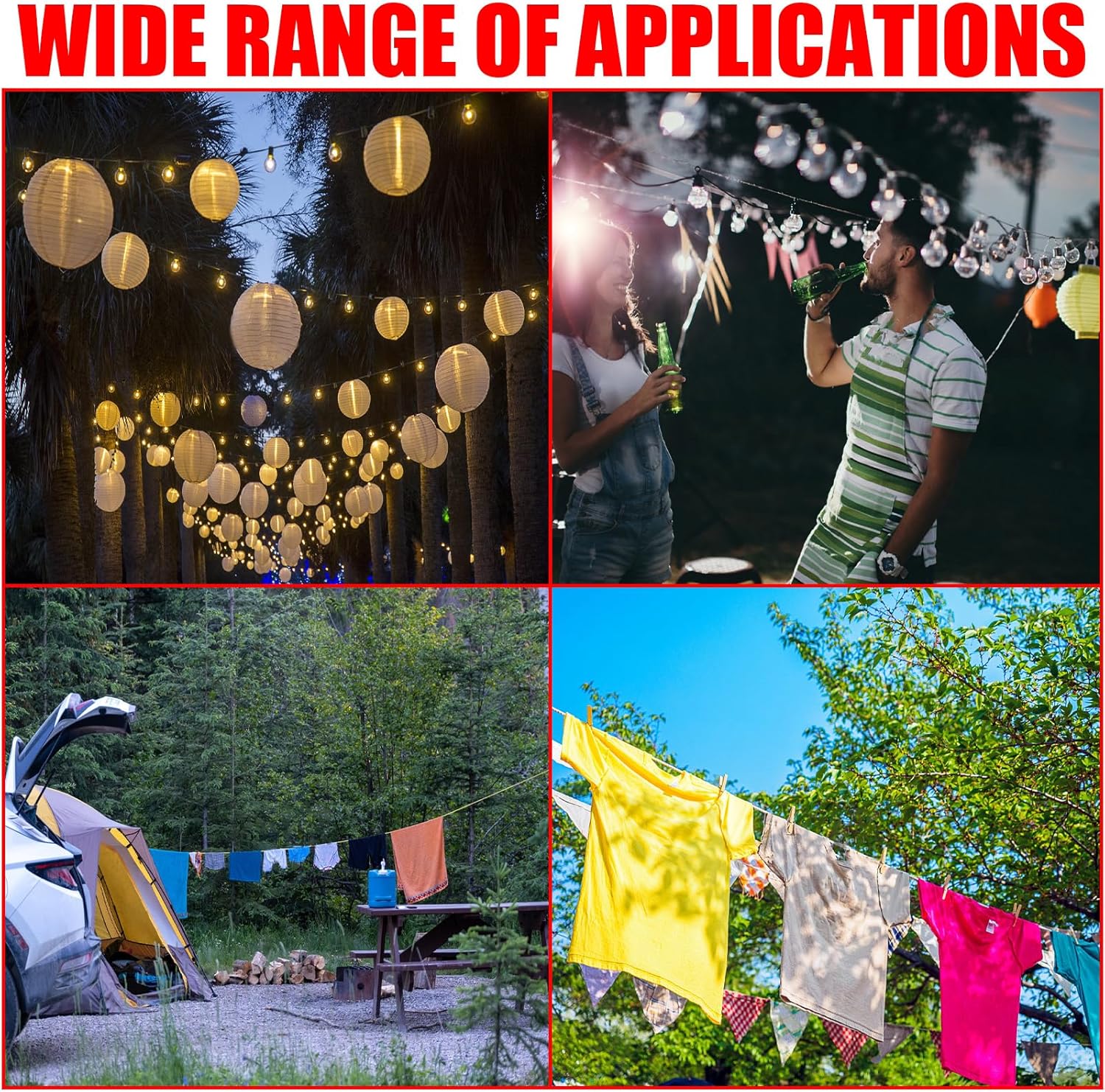 40ft Clothes Line Outdoors 3/16" Wire Ropes Silver PVC Coating Laundry Drying Clothesline Retractor with Metal Hooks Heavy Duty for Umbrella Travel Outside Camping Backyard