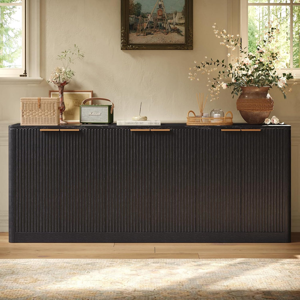 Evermagin 67" Fluted Black Buffet Cabinet Sideboard with Storage, Large Credenza with 6 Doors, Wood Mid Century Modern Sideboard for Kitchen and Living Room (67"*31.5"*15.7")