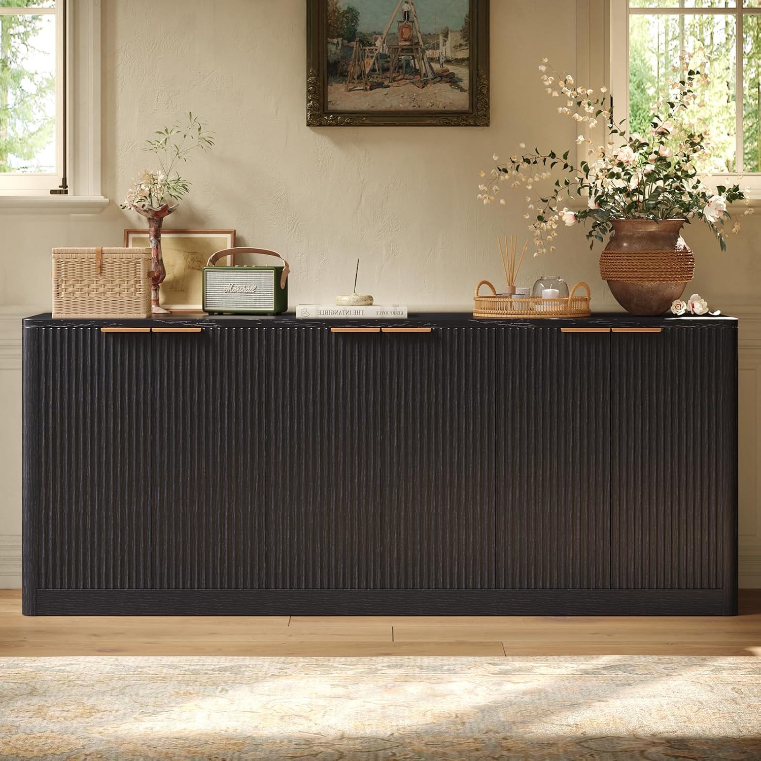 Evermagin 67" Fluted Black Buffet Cabinet Sideboard with Storage, Large Credenza with 6 Doors, Wood Mid Century Modern Sideboard for Kitchen and Living Room (67"*31.5"*15.7")