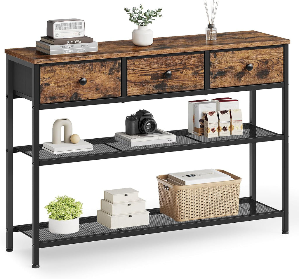 SONGMICS Console Table, Narrow Sofa Table with 2 Mesh Shelves for Entryway, Living Room, 11.8 x 38.9 x 31 Inches, 3 Fabric Drawers, Rustic Brown, BELLAH Collection ULGS098K101