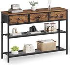 SONGMICS Console Table, Narrow Sofa Table with 2 Mesh Shelves for Entryway, Living Room, 11.8 x 38.9 x 31 Inches, 3 Fabric Drawers, Rustic Brown, BELLAH Collection ULGS098K101
