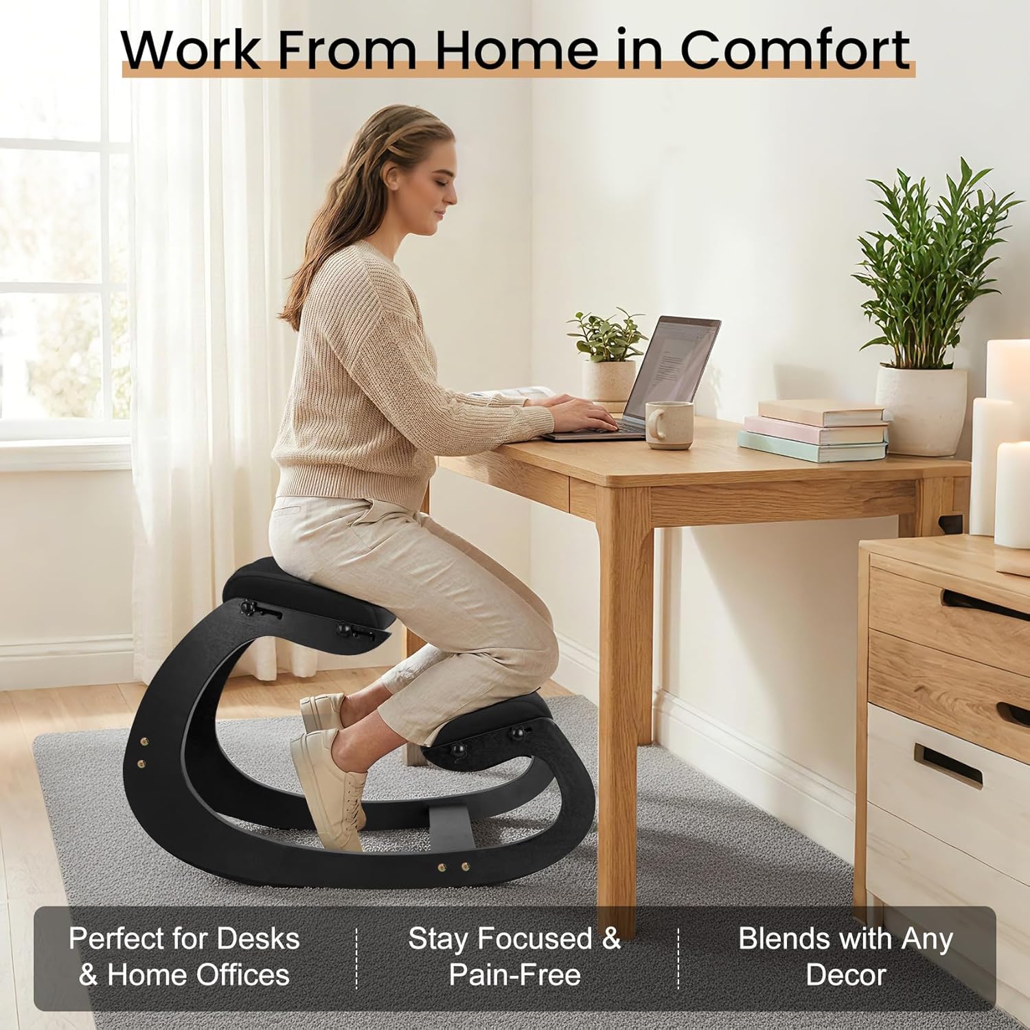 Ergonomic Kneeling Chair - Adjustable Seat, Smooth Rocking Base for Active Posture, Relieves Back & Spine Pressure for Office &Home Sturdy Kneeling Desk Chair Holds 300 lbs, Durable & Stable