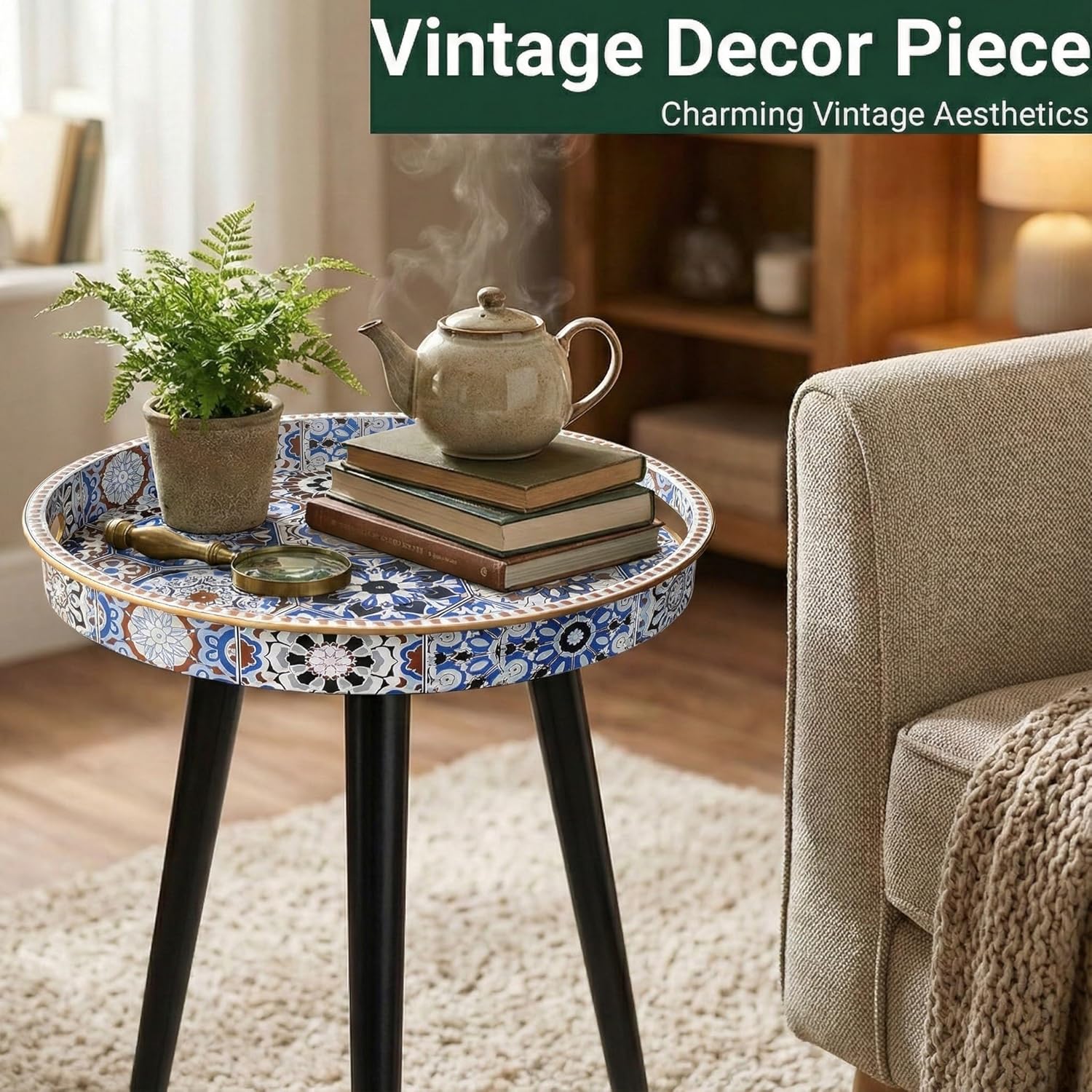 Round Indoor Side Tables with Detachable Wooden 3 Legs, Versatile Tray Table, Perfect for Round Coffee Table Tea, and Relaxation Time 17.7 Inch (33 Bohemian)