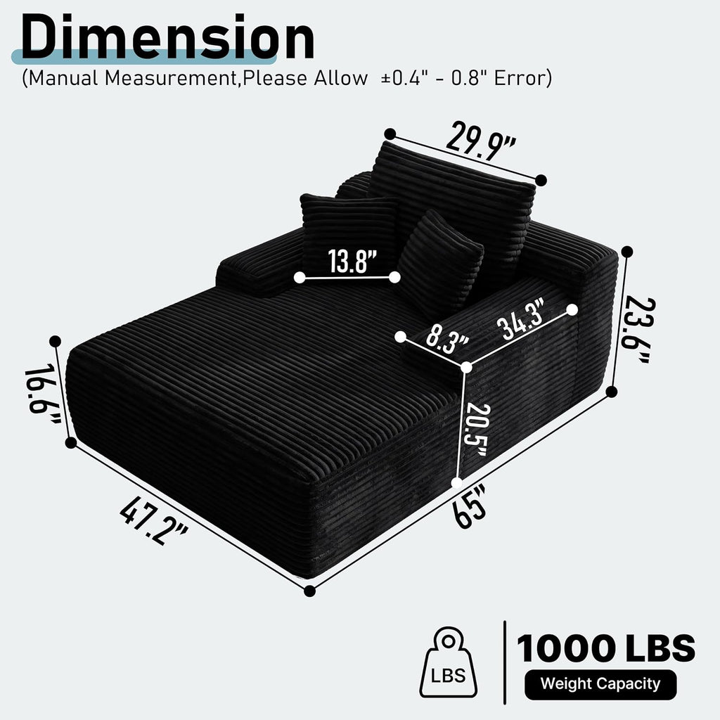 65'' Chaise Lounge Chair Indoor, Black Corduroy Sofa Bed, Boneless Lounge Chair, Oversized Sleeper Sofa, Black Corduroy Cloud Couch Reading Chair for Living Room No Assembly