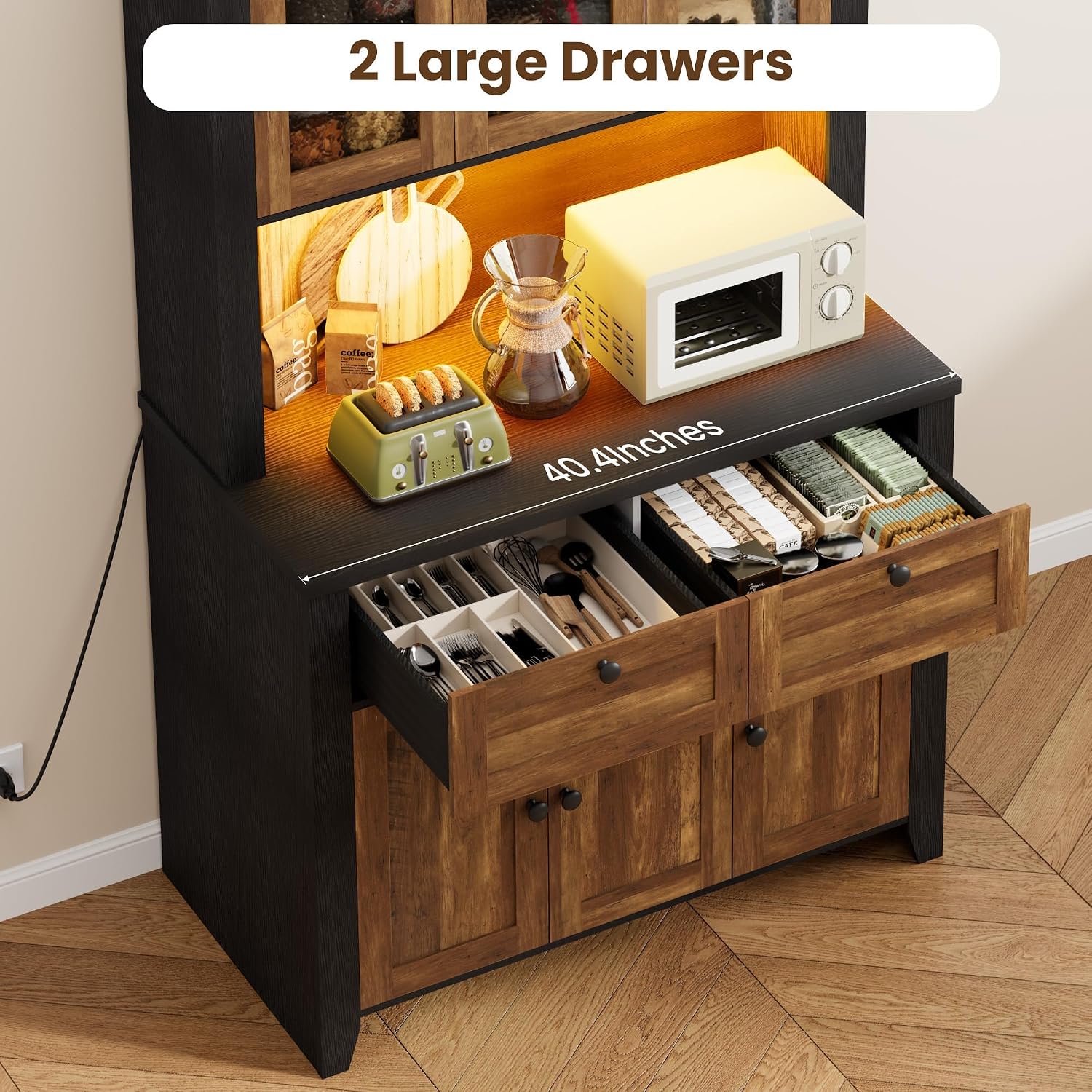 GAOMON 66" Tall Kitchen Pantry Cabinet, Modern Kitchen Hutch with Charging Station, Large Coffee Bar Storage Cabinet with Glass Doors and Drawers, Brown+Black