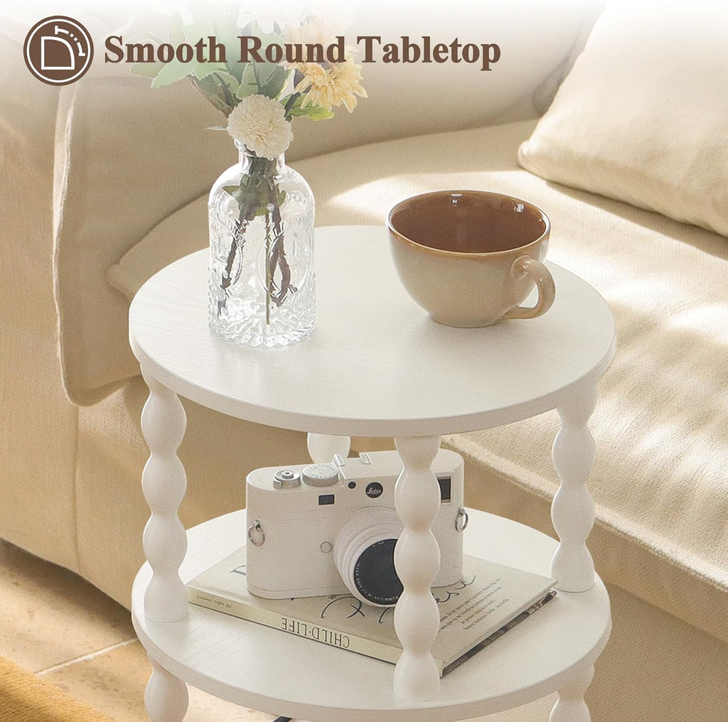 AWASEN Small Round Side Table, White End Table with 3-Tier Open Shelf for Small Spaces, Round Bedside Table Nightstand for Bedroom, Living Room, Office, White