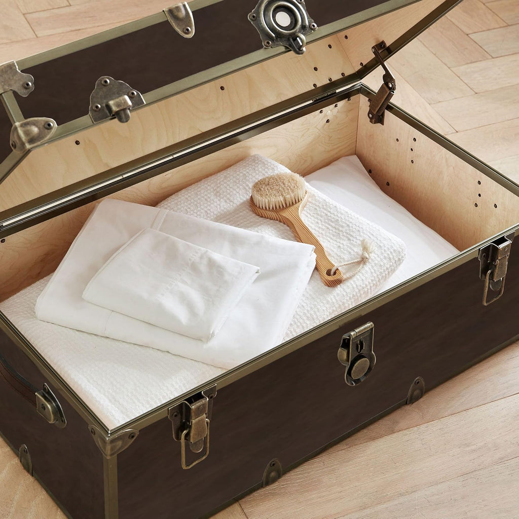 Rhino Trunk & Case Lux Faux Leather Trunk – Large 32"x18"x14" Storage Box, Coffee Table, End of Bed Chest, Entryway Storage Bench – USA-Made – Strong & Secure for Camp & Dorm – Antique Brass Hardware