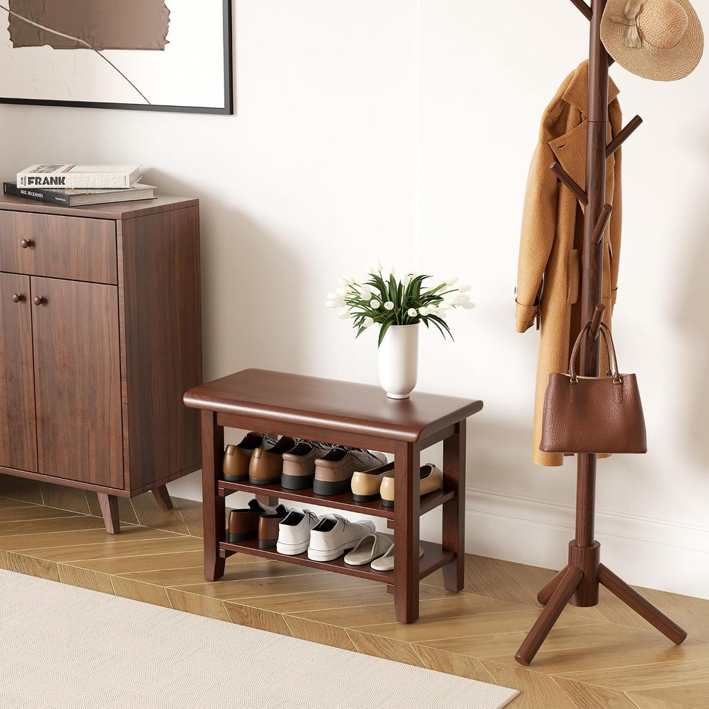 Shoe Rack Bench Mid Century Modern 2-Tier Shoe Rack Organizer for Entryway Hallway or Living Room Farmhouse Rustic Wooden Seat Bench Brown 11.8" Dx39.4 Wx16.5 H