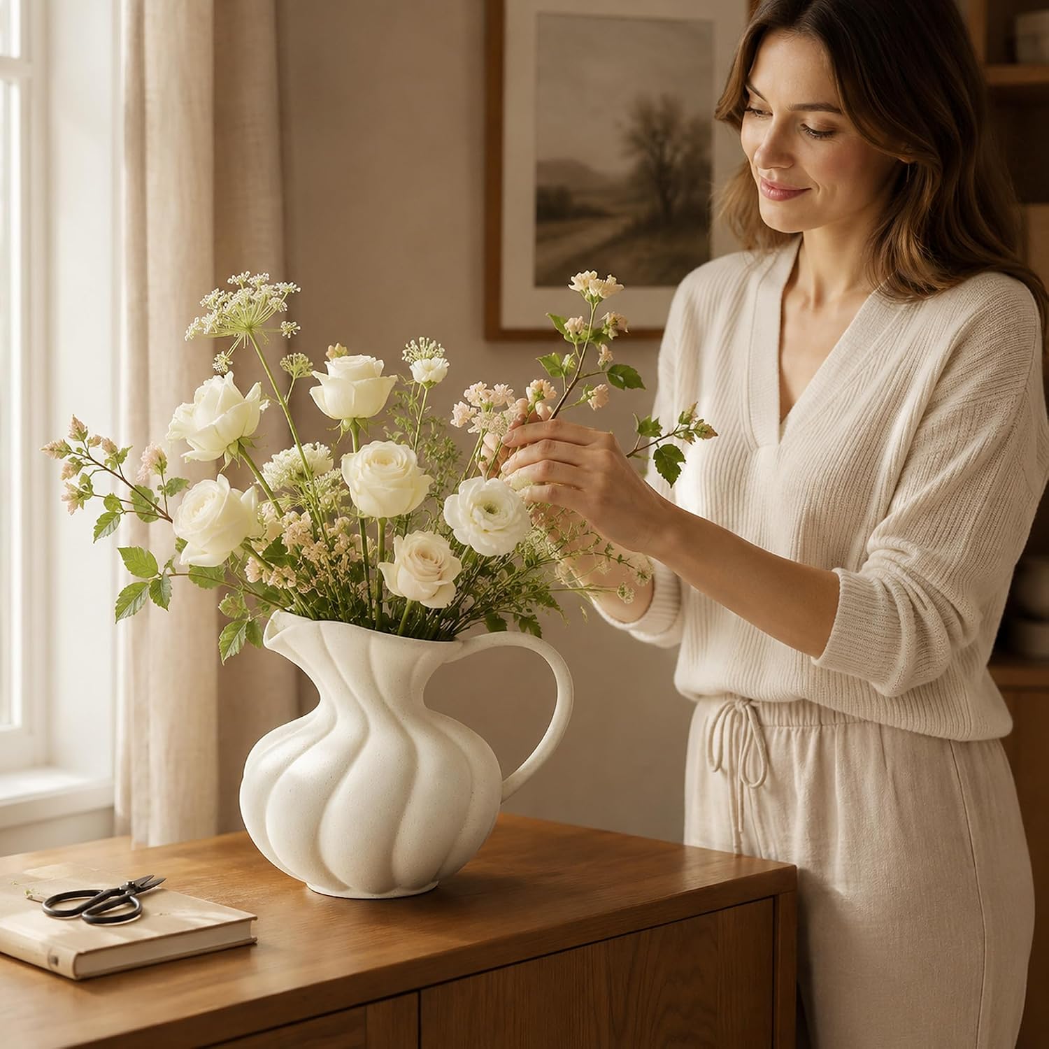 Large Ceramic Flower Vase Home Decor - Farmhouse Table Vases | Rustic Vintage Living Room Kitchen Bedroom Decorations for House Book Shelf Office Coffee Desk Dining Fireplace