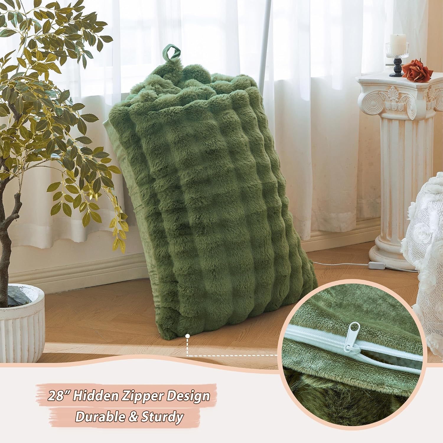 LIFEREVO Faux Rabbit Fur Stuffed Animal Bean Bag Storage (No Filler), Soft Waffle Bubble Beanbag Chair Cover for Kids Teens, Furry Floor Lounger Plush Toys Organizer Living Room Bedroom, Sage Green