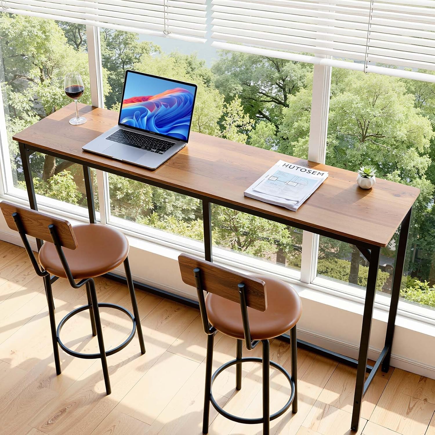 VEVOR Bar Table, Sturdy Metal Frame High Top Pub Table, Small Kitchen Dining, Cocktail Coffee Counter Bar Height Desk, Easy to Assemble, 63x16x36 in, for Living Room Party, Brown