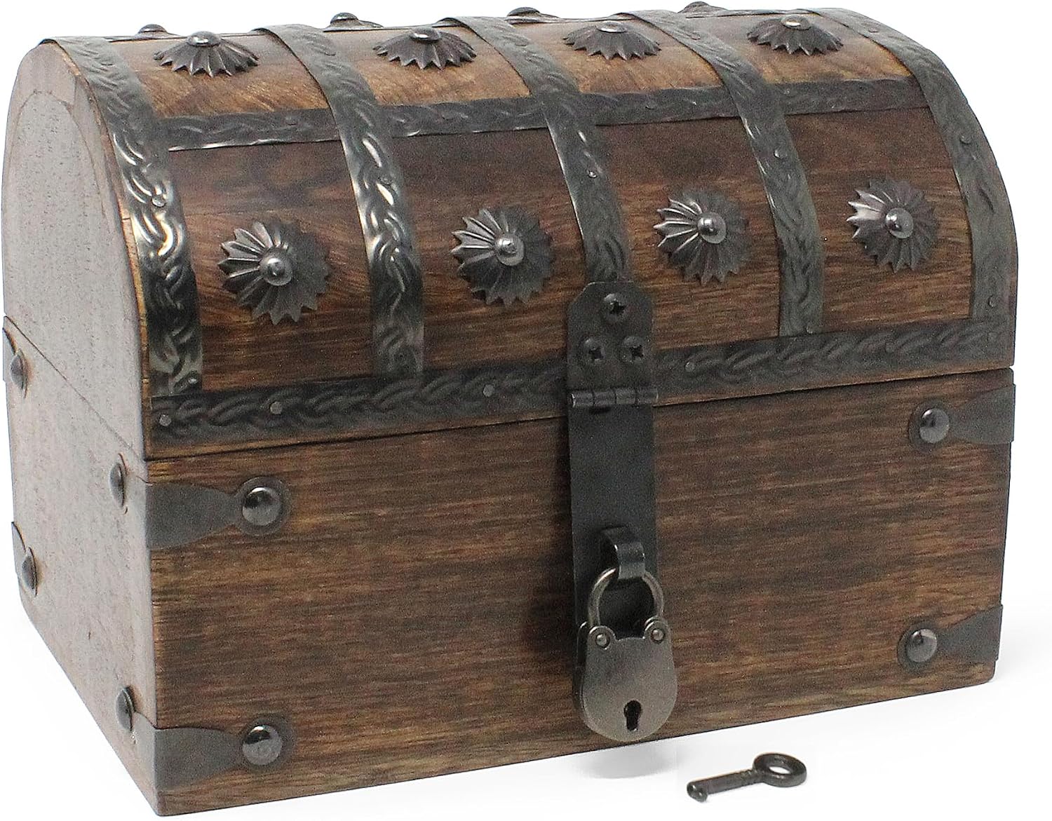Nautical Cove Keepsake Wooden Treasure Chest with Antique Jewelry Lock and Key (Large 8 x 6 x 6) – Decorative Box, Pirate Wooden Chest, Wood Box with Lid, Rustic Storage Chest