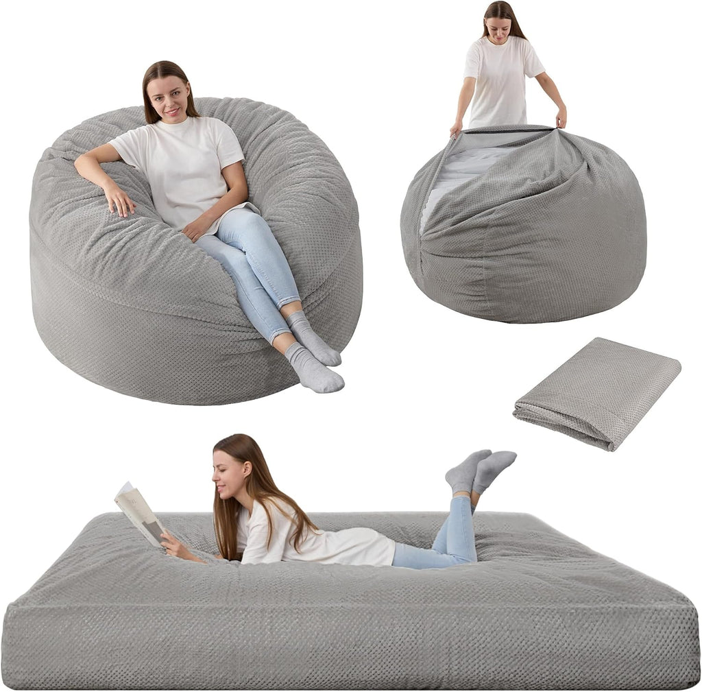 HABUTWAY Bean Bag Chair, Giant Bean Bag Chair with Washable Chenille Cover Ultra Soft, Convertible Bean Bag from Chair to Mattress, Huge Chenille Bean Bags for Adult, Couples, Family (Grey Queen)