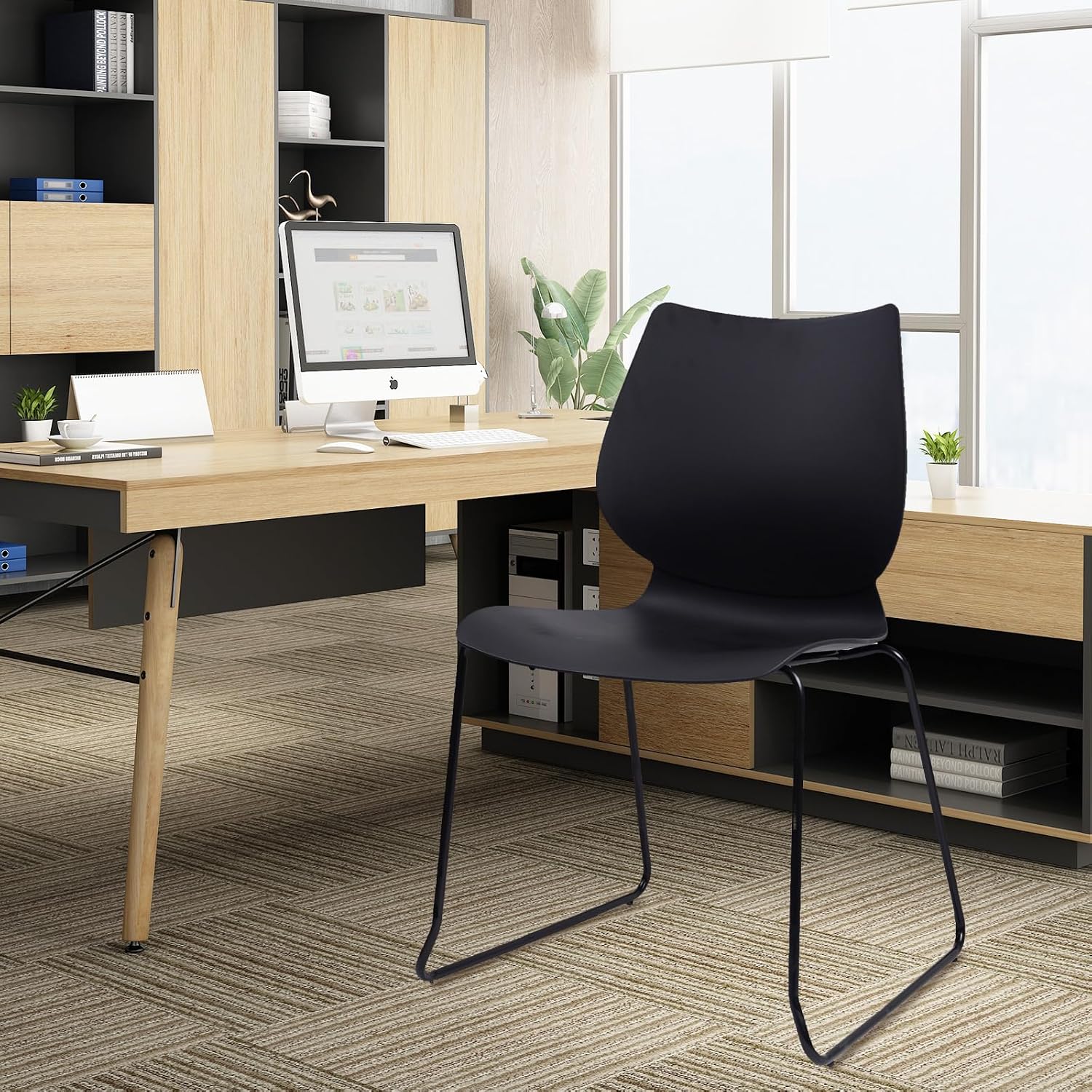 KLASIKA Stackable Waiting Room Chair, Stacking Office Chair with Ergonomic Lumbar Support and Metal Legs, Plastic Desk Chairs for Conference School Church Guest Reception Set of 12, Black