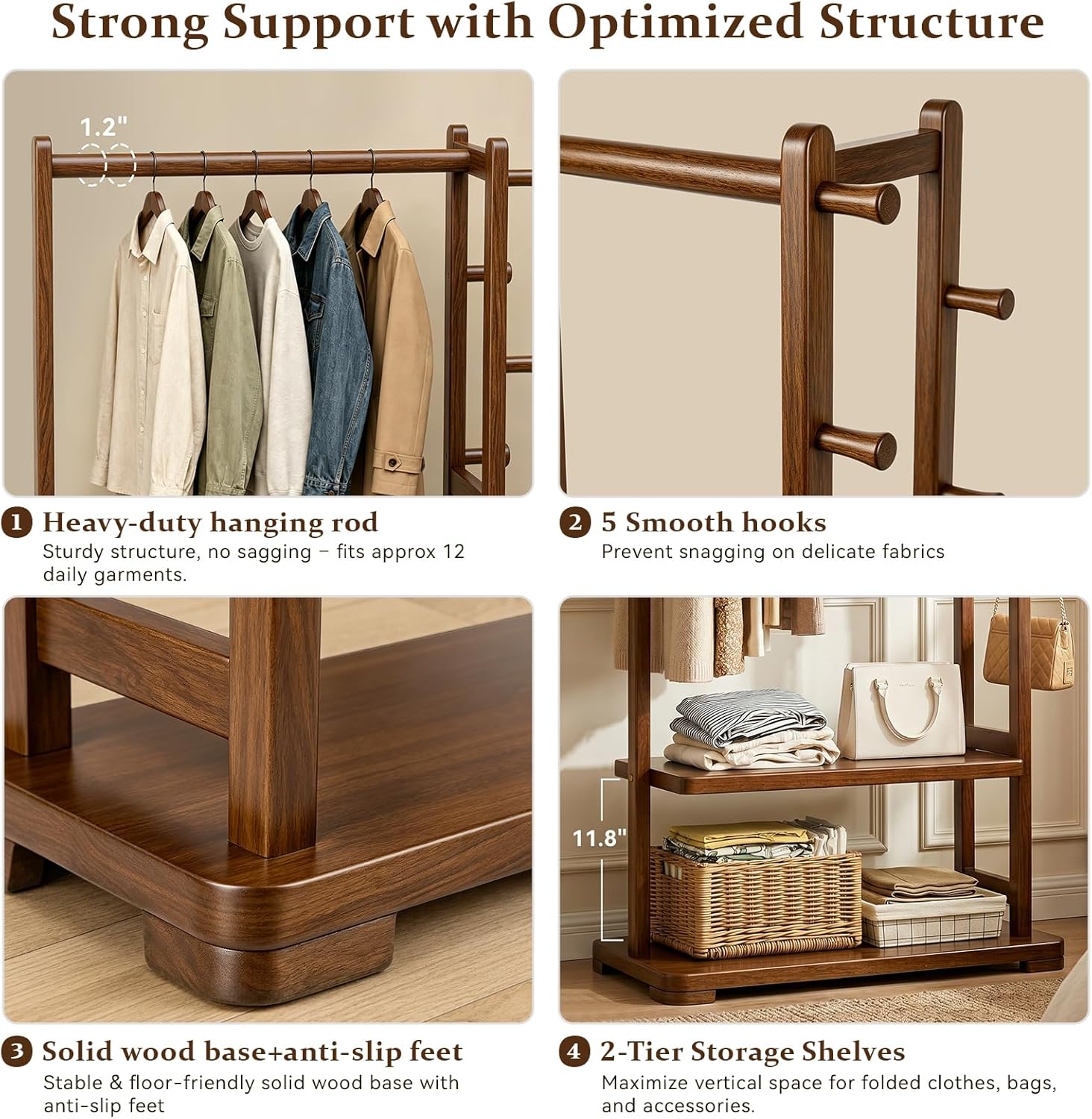 Freestanding Coat Rack Solid Wood with 2 Shelves & 5 Hooks, Heavy Duty Hall Tree for Hanging Clothes, Hats & Accessories – Hallway Bedroom Storage