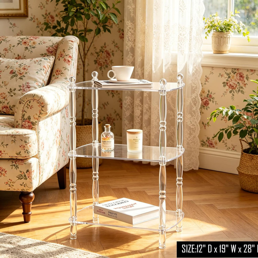 3 Tier Clear Acrylic Table, Accent Furniture for Living Room, Bedroom Clear Nightstand Side End Tables 12" D x 19" W x 28" H