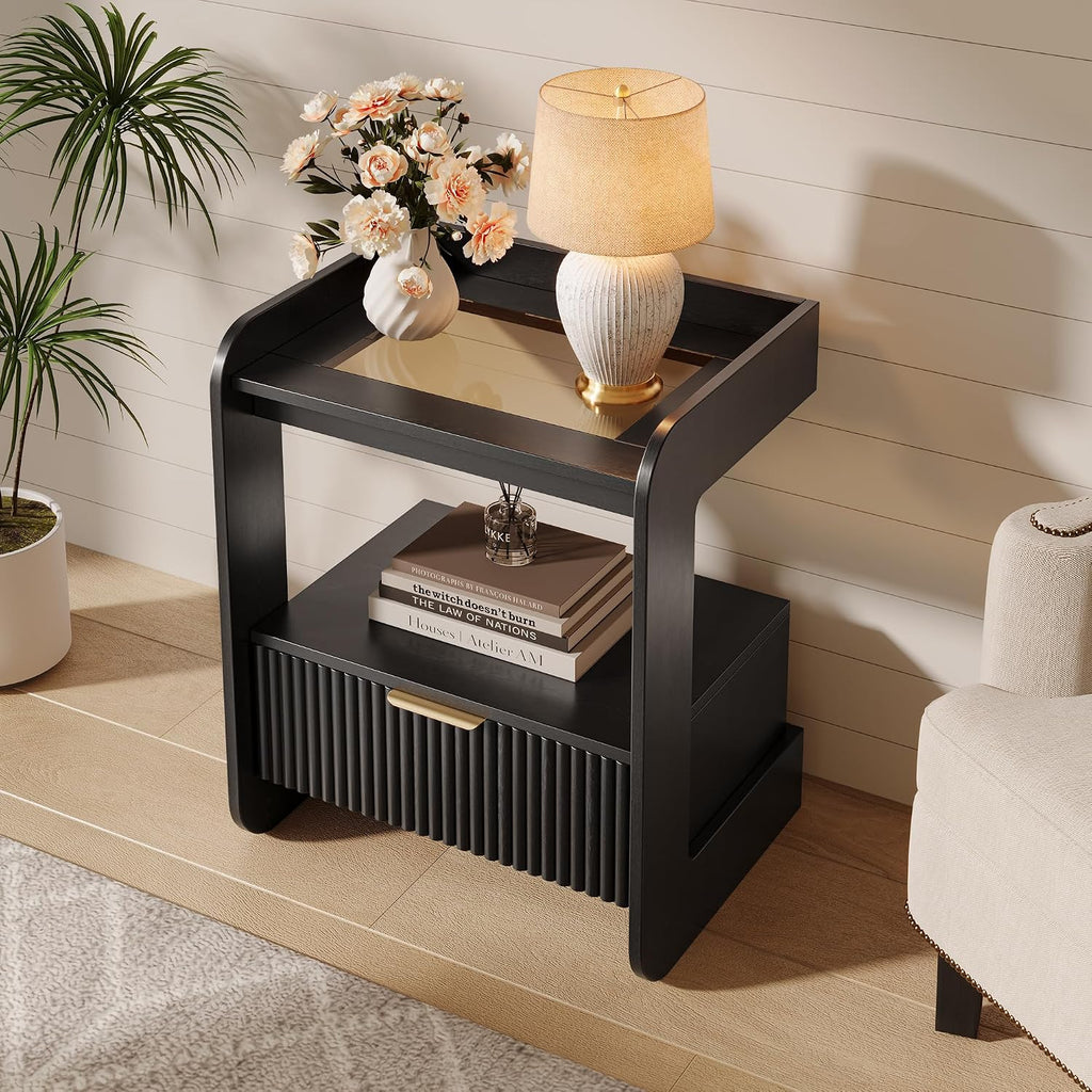 Nightstands Set of 2, Fluted Bedside Tables with Amber Glass Top | Hidden Drawer Storage, Open Display Shelf, Rounded Corner Design, Easy Assembly, Bedroom, Apartment, Guest Room Use