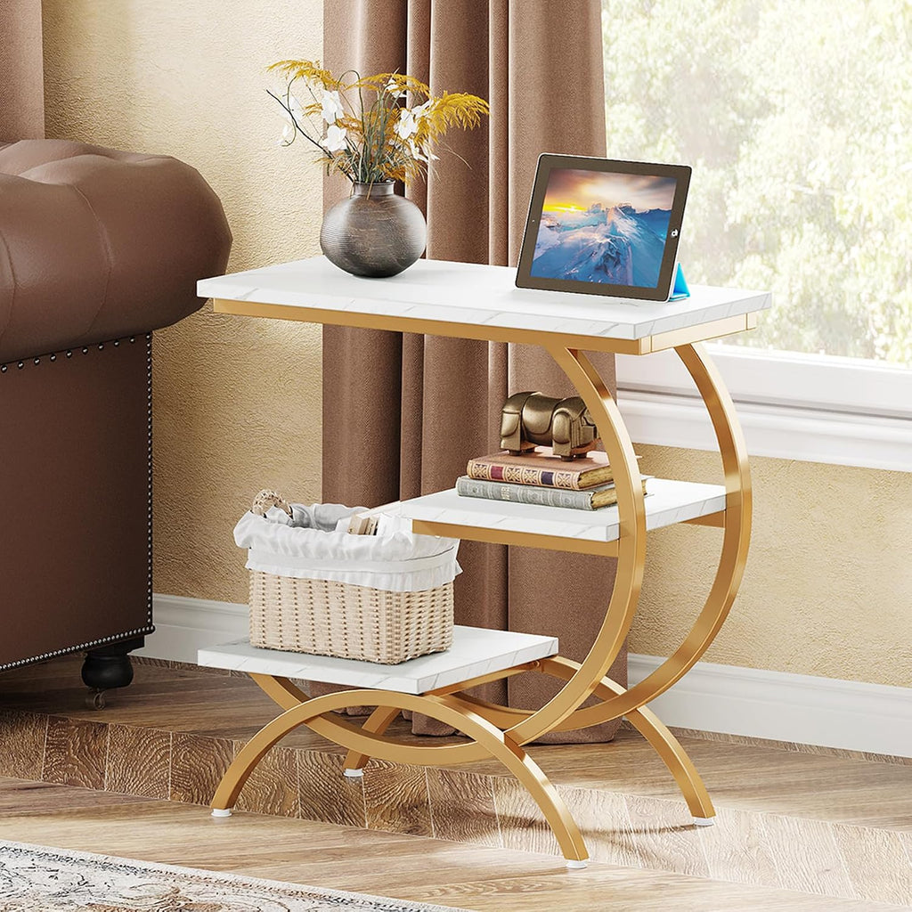 Tribesigns C-Shaped End Table, Industrial 3-Tier Small Side Table for Couch, Wood Bedside Table Snack Side Table with Storage Shelves for Living Room Small Space, White Gold