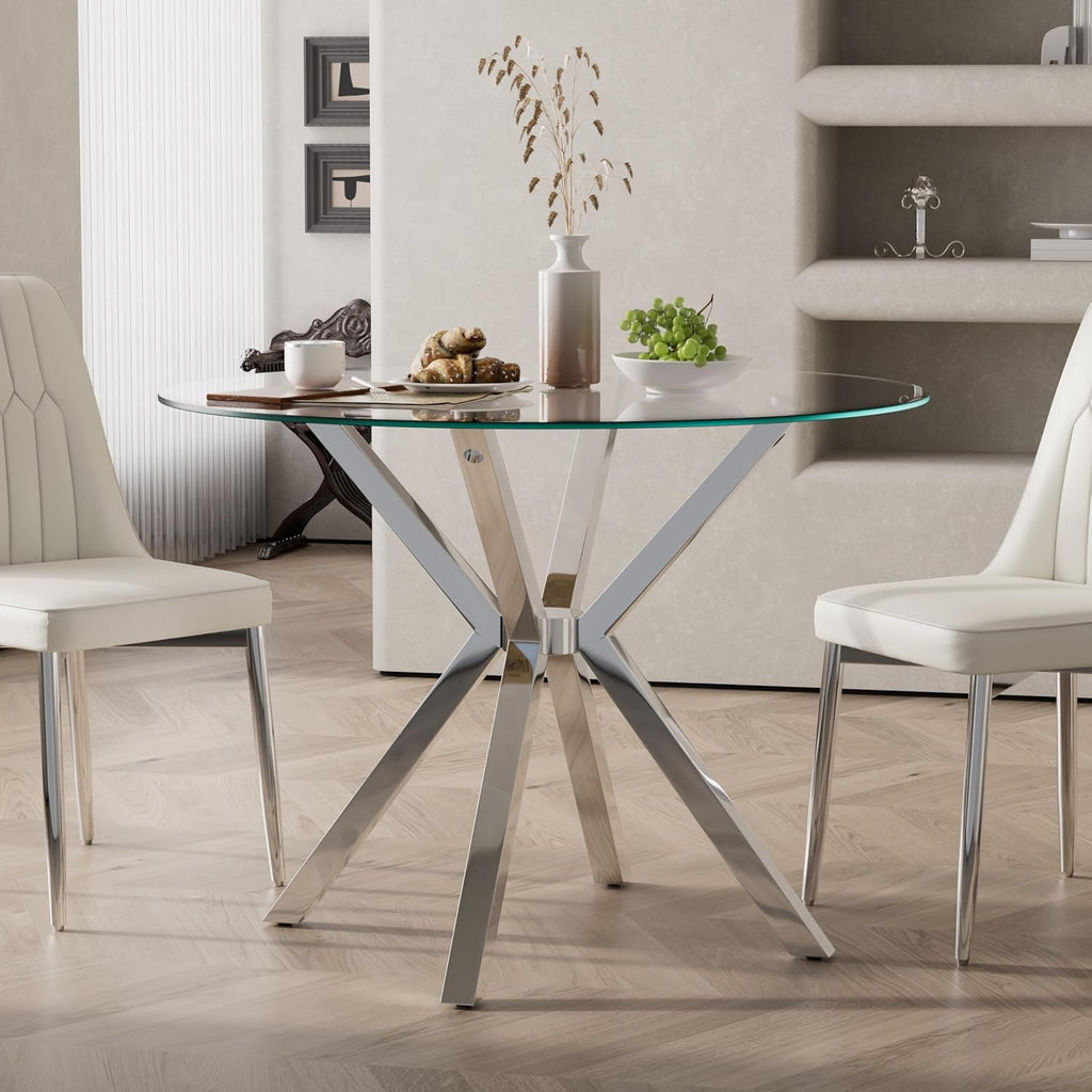 Modern Dining Table, 36 Inch Round Dinner Table for 2-4, Glass Dining Table with Cross Metal Base, Modern Clear Tempered Glass Kitchen Table for Home Dining Room Living Room(Silver Legs)