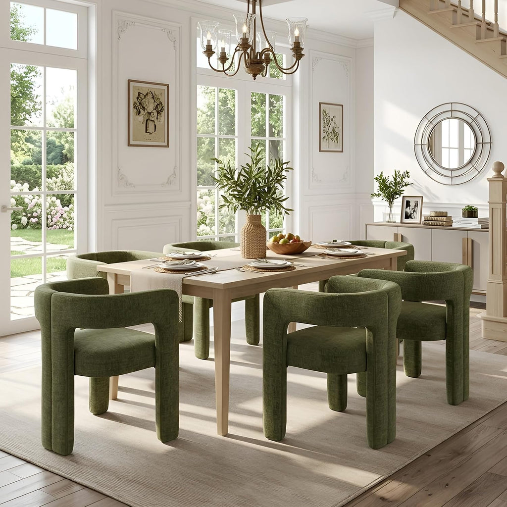 HNY Modern Green Dining Chairs Set of 6, Chenille Upholstered Dining Room Barrel Chairs with Solid Wood Frame, Comfy Accent Kitchen Armchairs with Open Back, Vanity Side Chairs for Living Room Bedroom