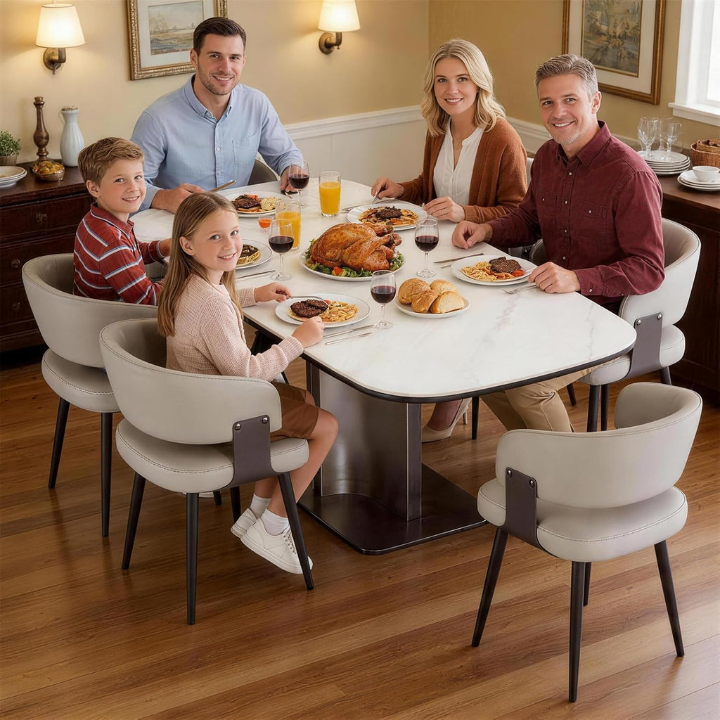 63" Modern Sintered Stone Dining Table for 6, Glossy White Rectangular Kitchen Table with Wood-Reinforced Top & Metal Pedestal Base, for Standard Dining Room, Kitchen & Family Gatherings