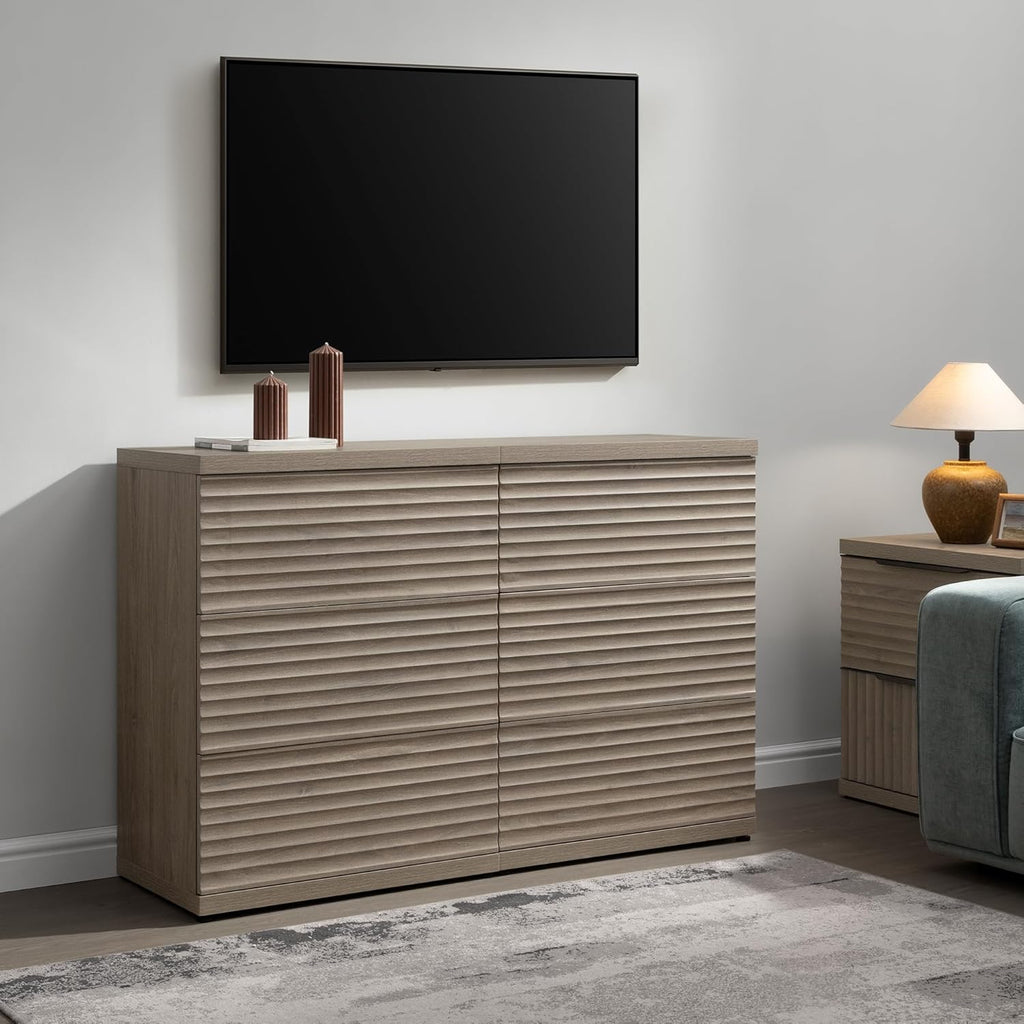 SICOTAS Fluted Sideboard Buffet Cabinet with Storage, Modern Credenza Storage Cabinet with 3 Larger Drawers, Mid Century Coffee Bar Table for Living Room Entryway Kitchen, Grey Alder (2 PCS)