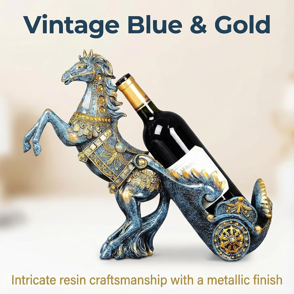 Horse Sculpture Resin Wine Bottle Holder - Tabletop Kitchen Decor, Decorative Storage Organizer for Home Bar Cellar, Unique Gift for Men Women Housewarming, Holds 1 Standard Bottle (Blue A)