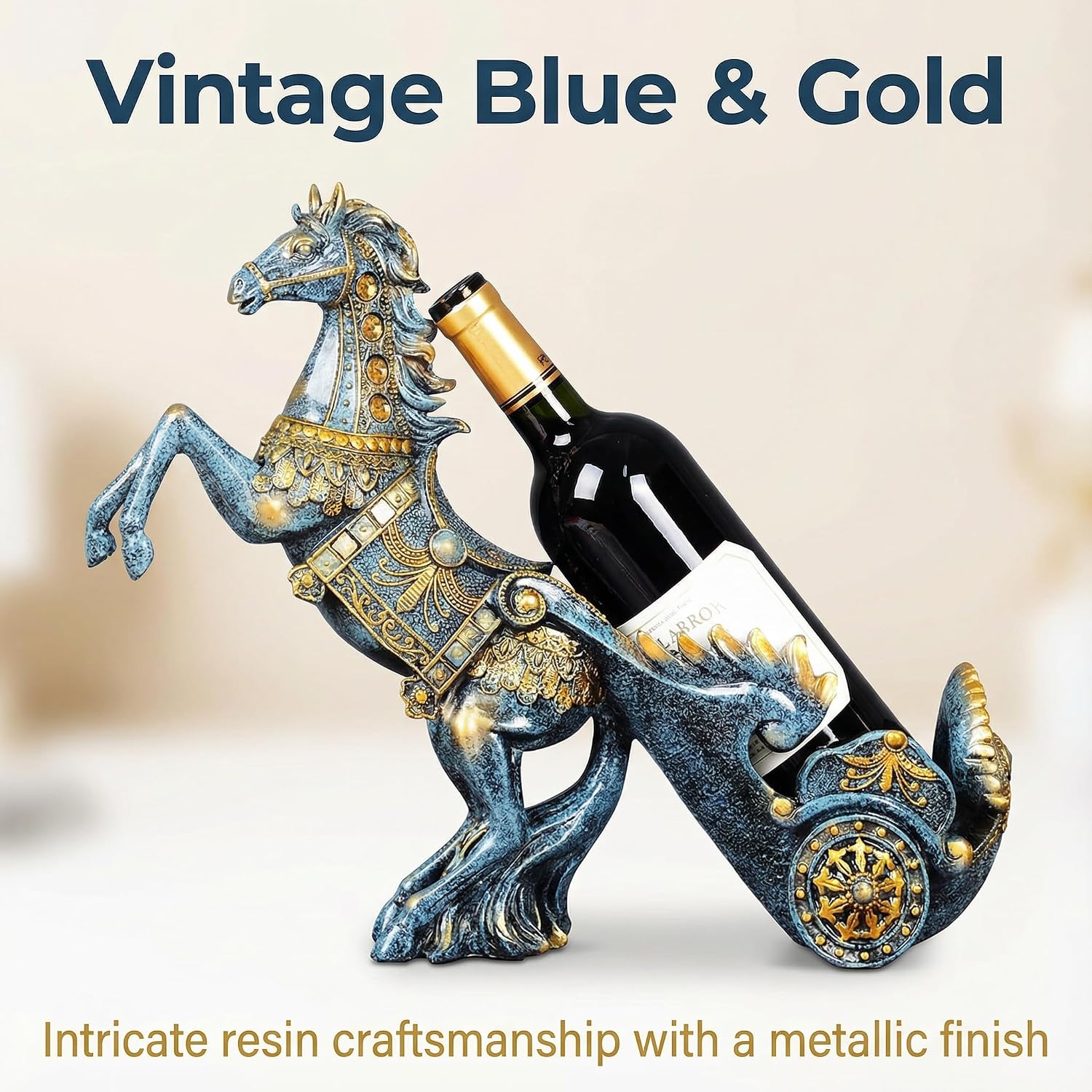 Horse Sculpture Resin Wine Bottle Holder - Tabletop Kitchen Decor, Decorative Storage Organizer for Home Bar Cellar, Unique Gift for Men Women Housewarming, Holds 1 Standard Bottle (Blue A)
