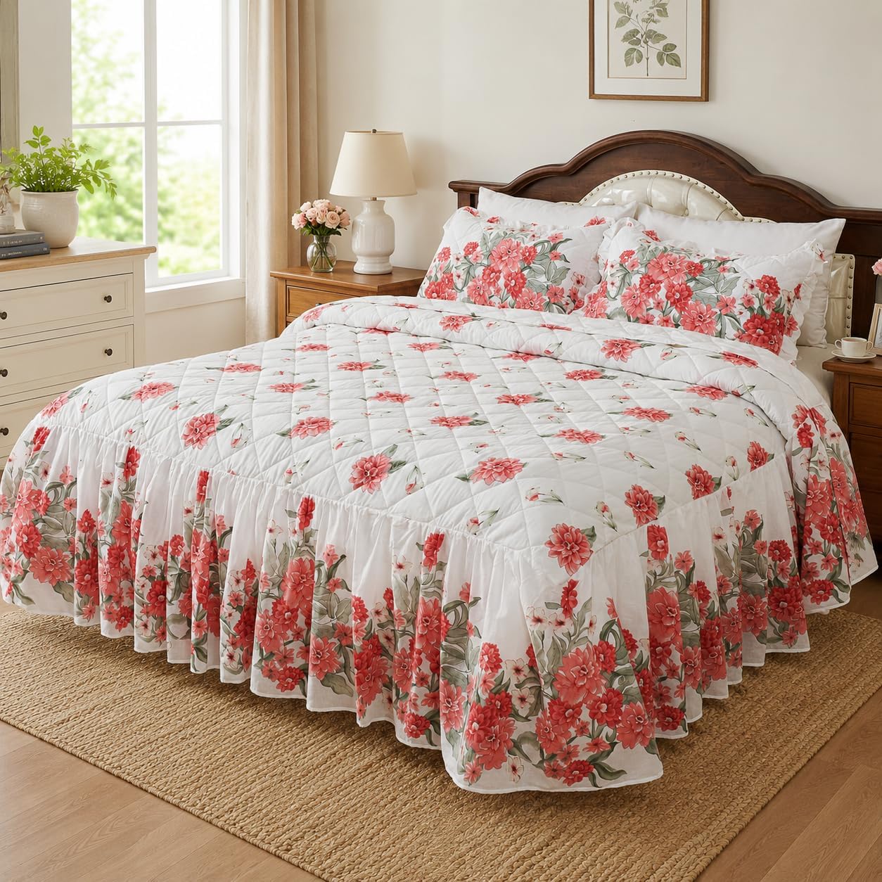 100% Cotton Ruffled Bed Skirt with 21 Inch Drop, Dust Ruffle for Twin XL, Full, Queen and King Size Beds, Wrinkle Free Floral Bed Skirt, Elegant Bedspread Set with Pillow Sham