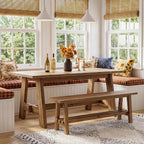 63-Inch Farmhouse Dining Table for 4-6, Natural Solid Wood Rectangle Kitchen Table, Rustic Wooden Dinner Furniture with Sturdy Trestle Base for Dining Room, Kitchen