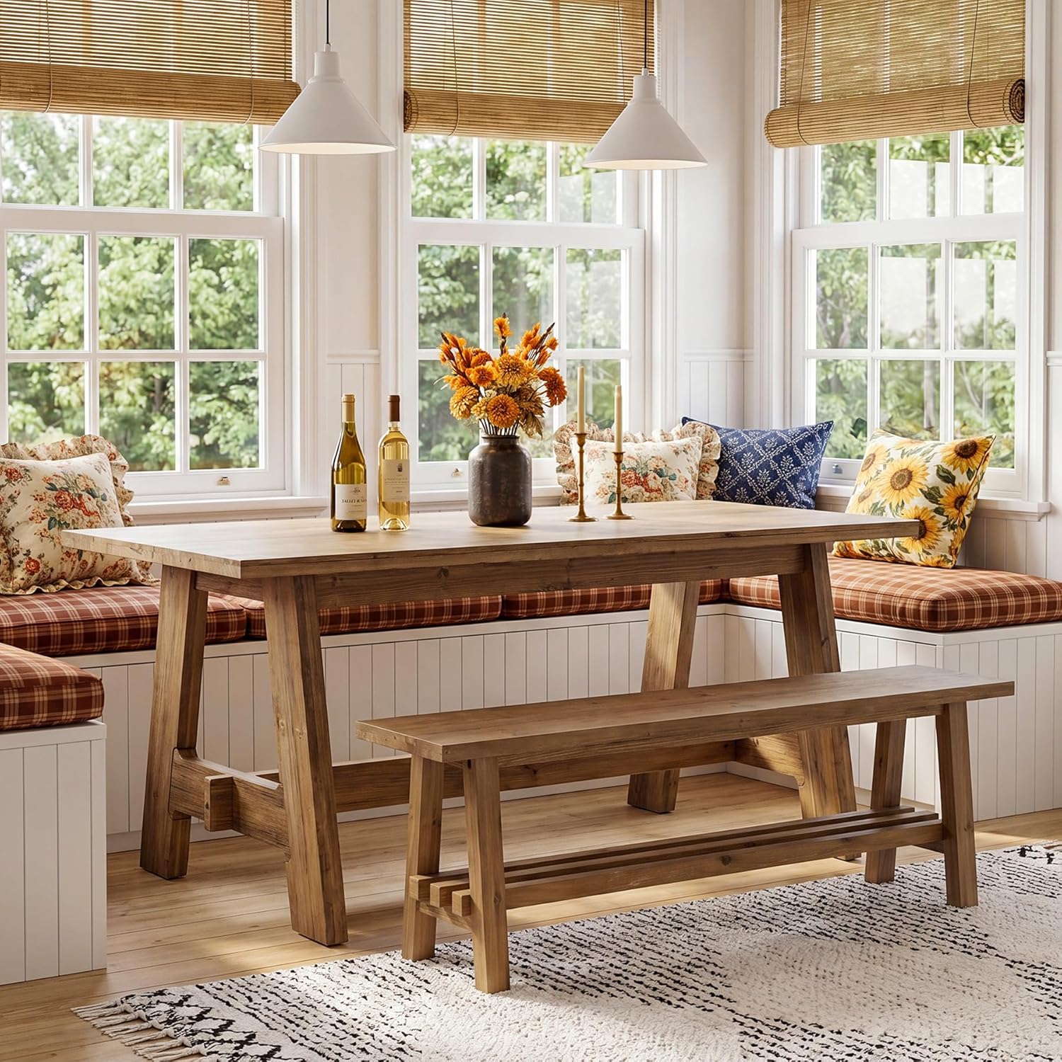63-Inch Farmhouse Dining Table for 4-6, Natural Solid Wood Rectangle Kitchen Table, Rustic Wooden Dinner Furniture with Sturdy Trestle Base for Dining Room, Kitchen