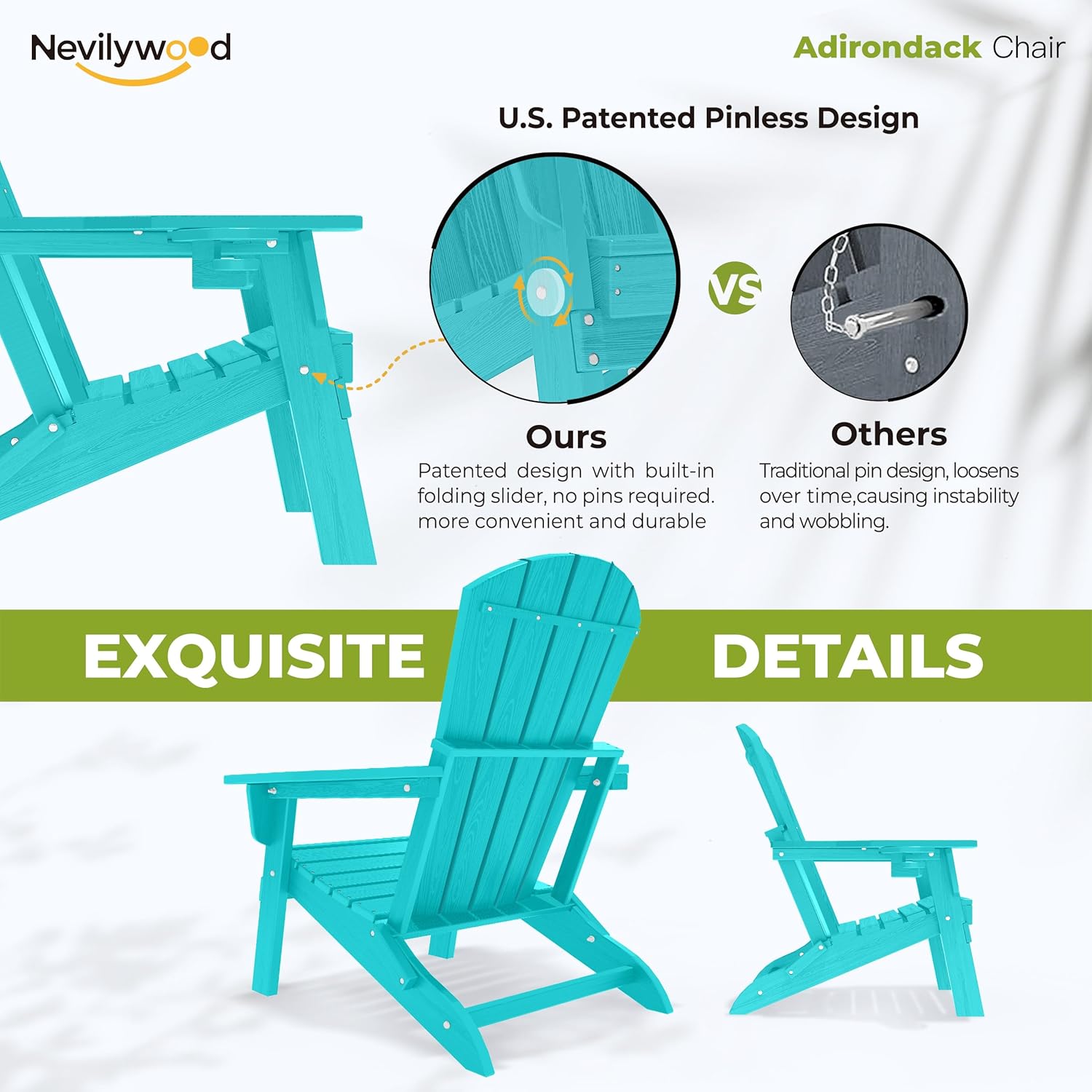 nevilywood HDPE Foldable Adirondack Chairs Set of 2, Waterproof All-Weather Outdoor Design, for Fire Pit, Patio & Beach, Aruba