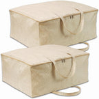 2 Pack Soft Canvas Storage Bag, 23.6x10.2x19.3 inch Large Comforter Organizer, Breathable Closet Organizer Bag with Handles, Comforter Storage Bags for Blankets Bedding Clothes Pillows, Beige