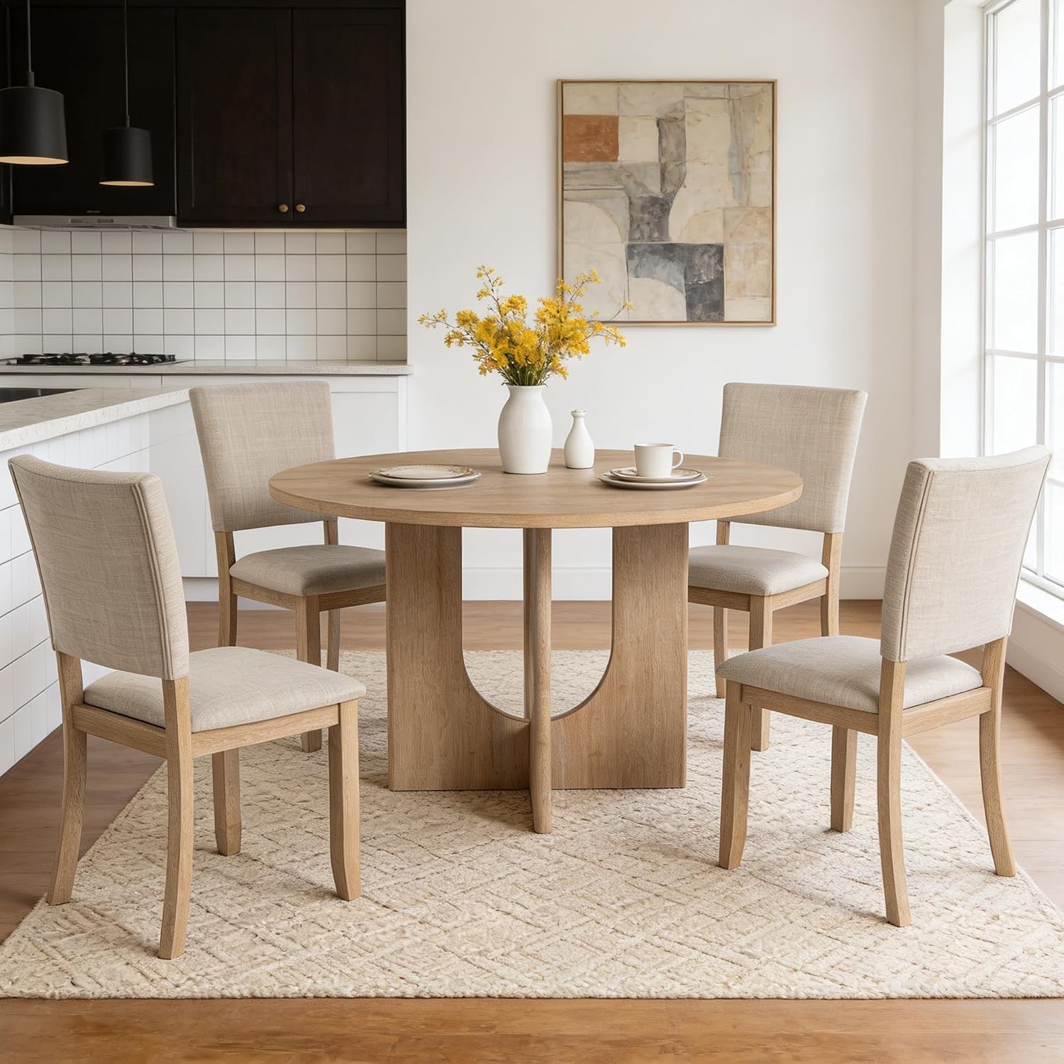 47” Round Dining Table for 4-6, U-Shaped Legs, Wood Modern Kitchen Table for Dining Room, Apartment, Living Room Furniture, Natural