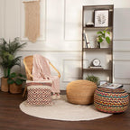 · REDEARTH · Braided Jute Cotton Pouf - Circular Boho Ottoman - Multi | Jute with Cotton Pouf, 19.5"x19.5"x14"; Braided Boho Pouffe, Doubles as Foot Rest for Living Room, Patio, Outdoor, Bedroom