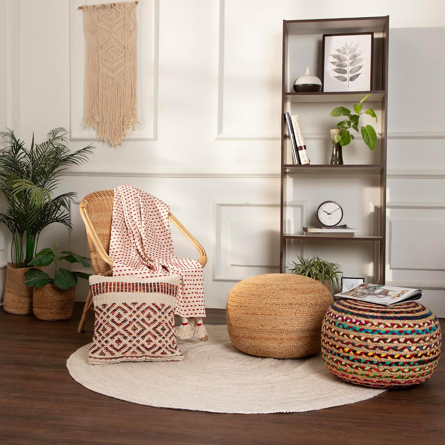 · REDEARTH · Braided Jute Cotton Pouf - Circular Boho Ottoman - Multi | Jute with Cotton Pouf, 19.5"x19.5"x14"; Braided Boho Pouffe, Doubles as Foot Rest for Living Room, Patio, Outdoor, Bedroom