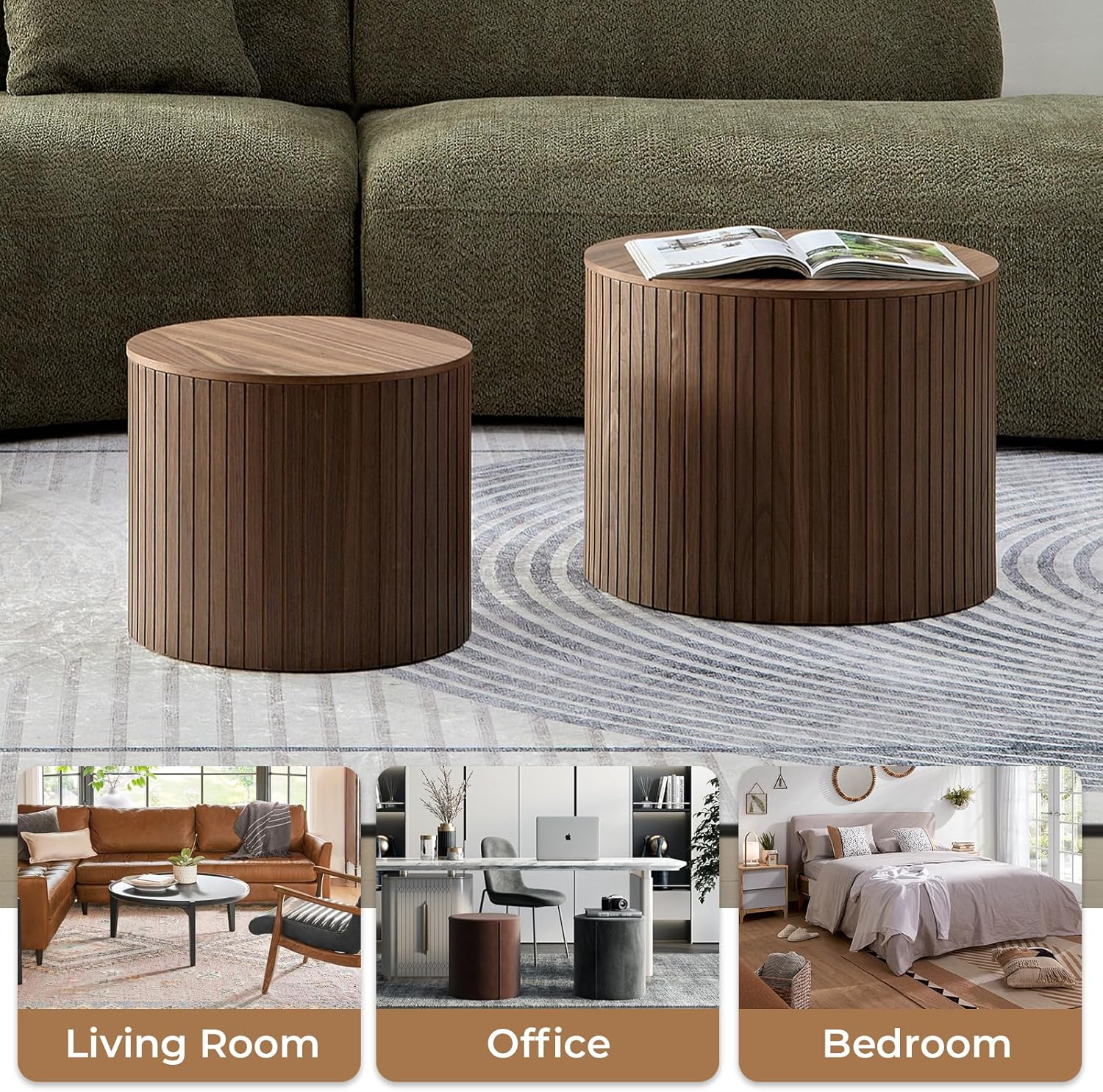 Nesting Coffee Table Set of 2 Modern Round Coffee Tables End Table with Storage Natural Wood Veneer for Living Room Apartment Small Space (Walnut, 19 Inch)