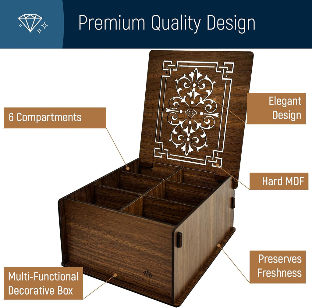 RoyalHouse Premium Wood Tea Storage Box Organizer, Tea Bag Holder Containers (Brown), Eco-Friendly Multi-Functional Decorative Box, 6 Compartments For Assorted Variety Of Small Items
