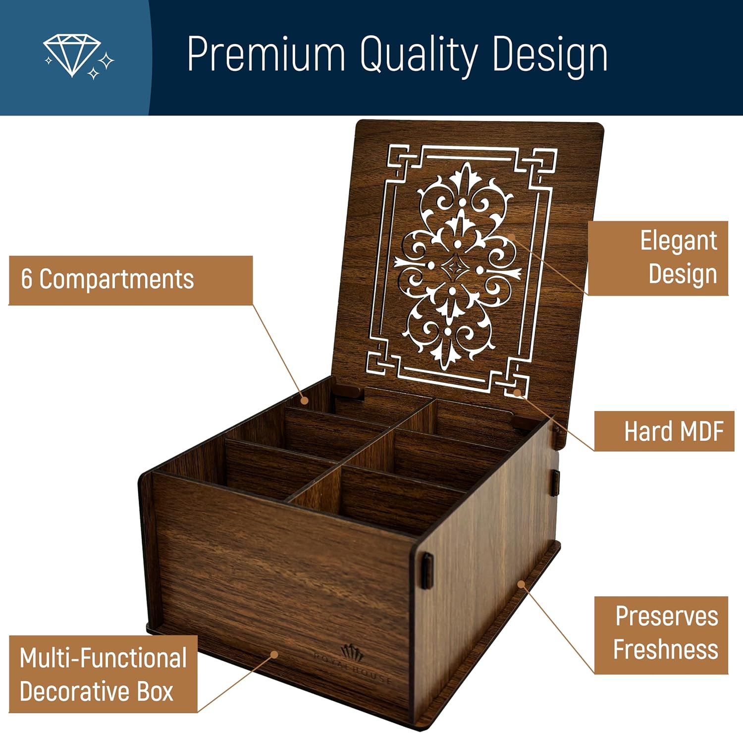 RoyalHouse Premium Wood Tea Storage Box Organizer, Tea Bag Holder Containers (Brown), Eco-Friendly Multi-Functional Decorative Box, 6 Compartments For Assorted Variety Of Small Items