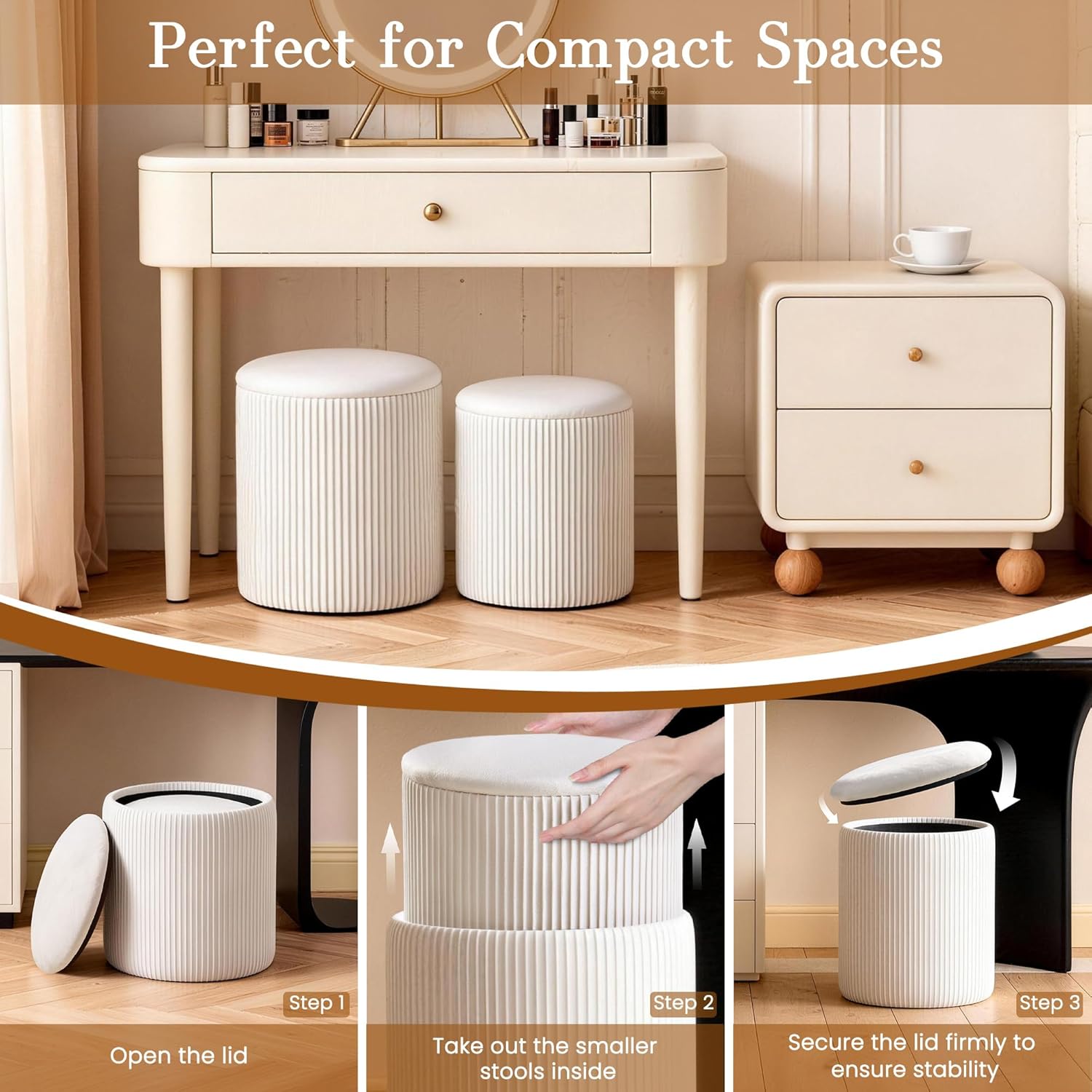 White Vanity Stool Set of 2 - Round Storage Ottoman with Lid, Velvet Footrest Pouf for Makeup Room & Living Room, Multi-Use Small Chair with Hidden Storage（White）