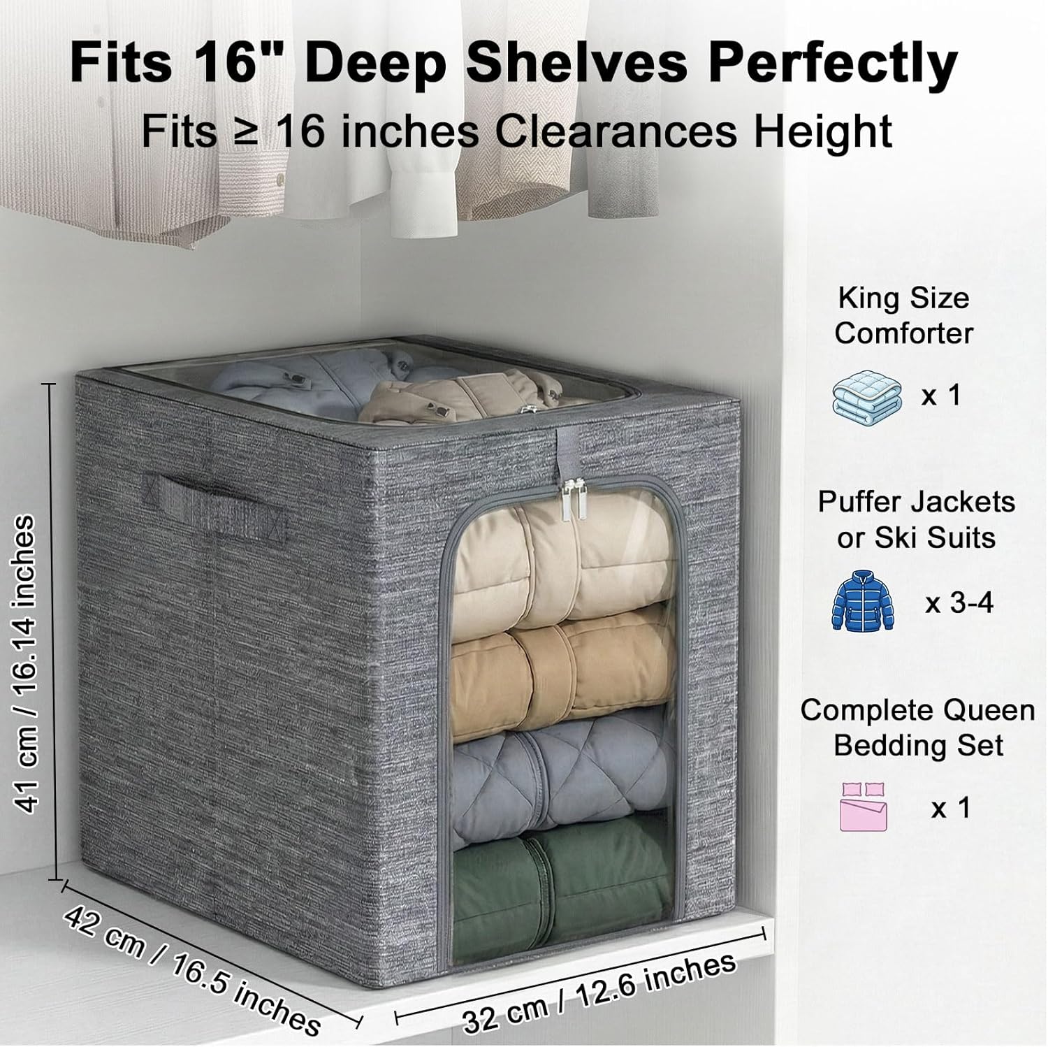 GoMaihe Blanket Storage Bins with Metal Frame, 6-Pack Large Closet Storage Bins with Lid & Clear Window, Comforter Bedding Storage Organizer for Walk-in Closet Cationic Fabric 55L