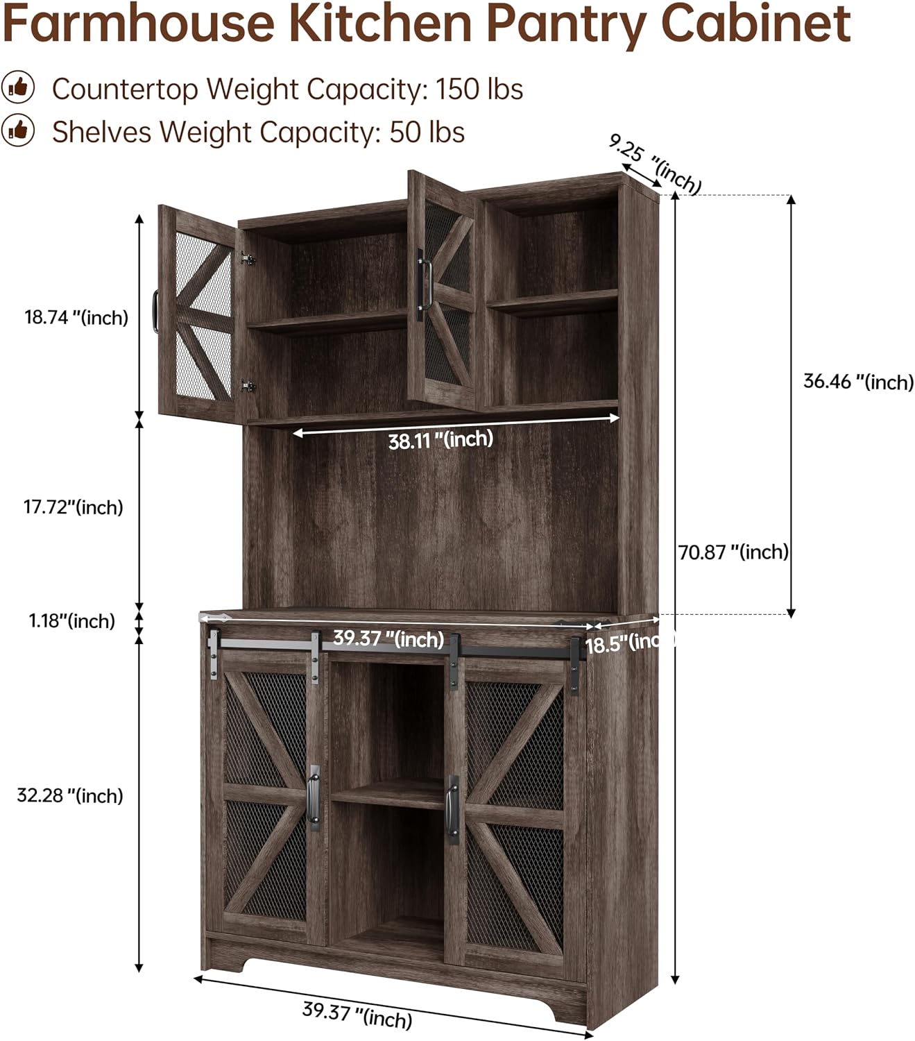 71" Farmhouse Pantry Storage Cabinet With LED Lights and Charging Station, Tall Kitchen Cupboard With Adjustable Shelves and Doors, Rustic Oak