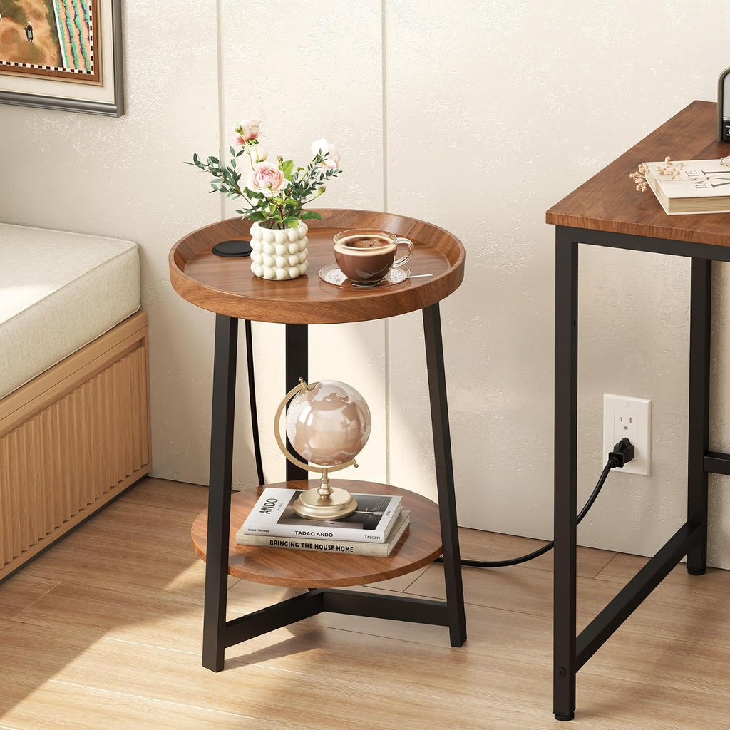 2-Tier Round End Table with Charging Station and Industrial Sofa Side Table,Raised Tabletop with Triangular Metal Frame for Small Spaces, Living Room, Bedroom,Cherry