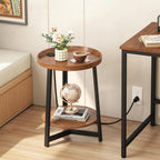 2-Tier Round End Table with Charging Station and Industrial Sofa Side Table,Raised Tabletop with Triangular Metal Frame for Small Spaces, Living Room, Bedroom,Cherry