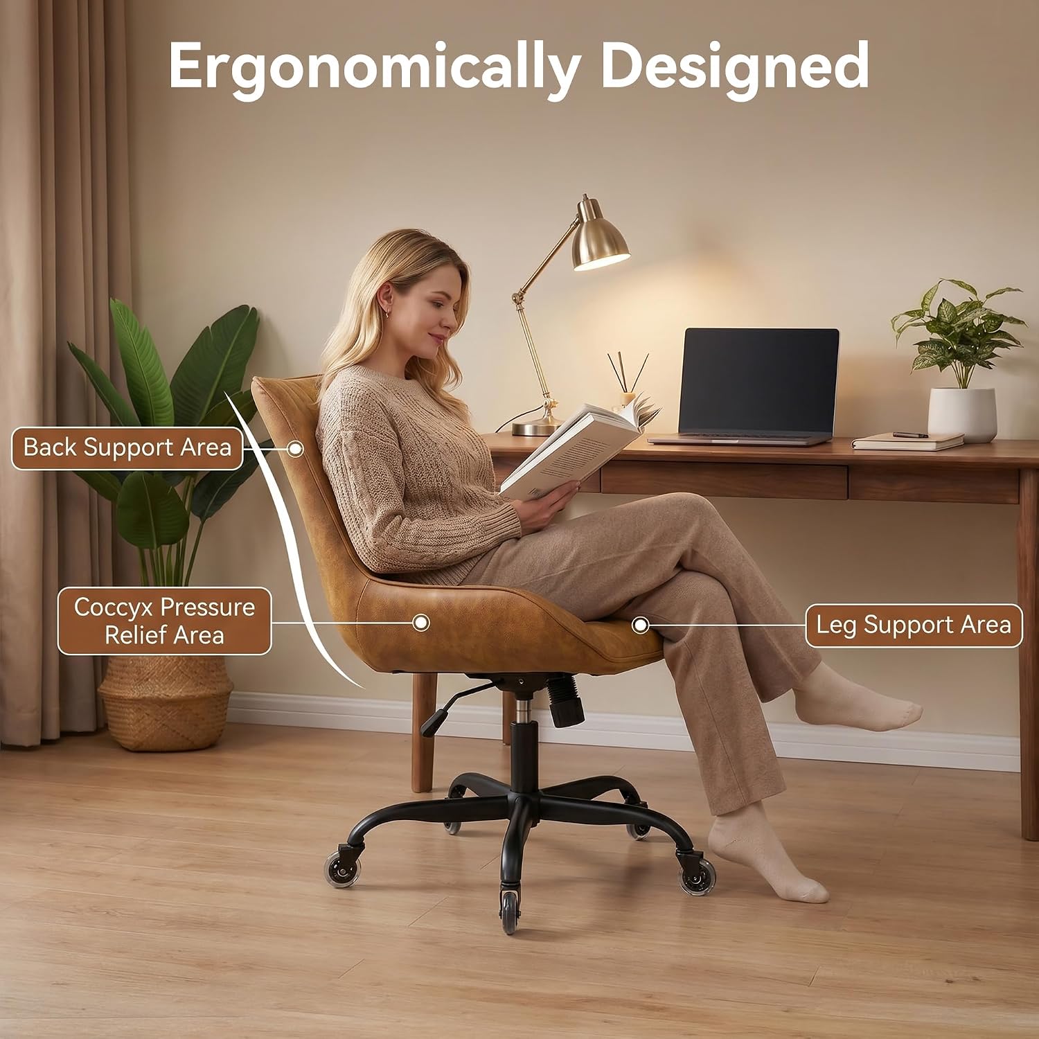 Armless Office Chair, Mid Back Modern Desk Chair with Rubber Wheels, 360 Swivel PU Leather Office Chair No Arms, Adjustable Height Small Computer Chair, Armless Desk Chair for Office, Brown