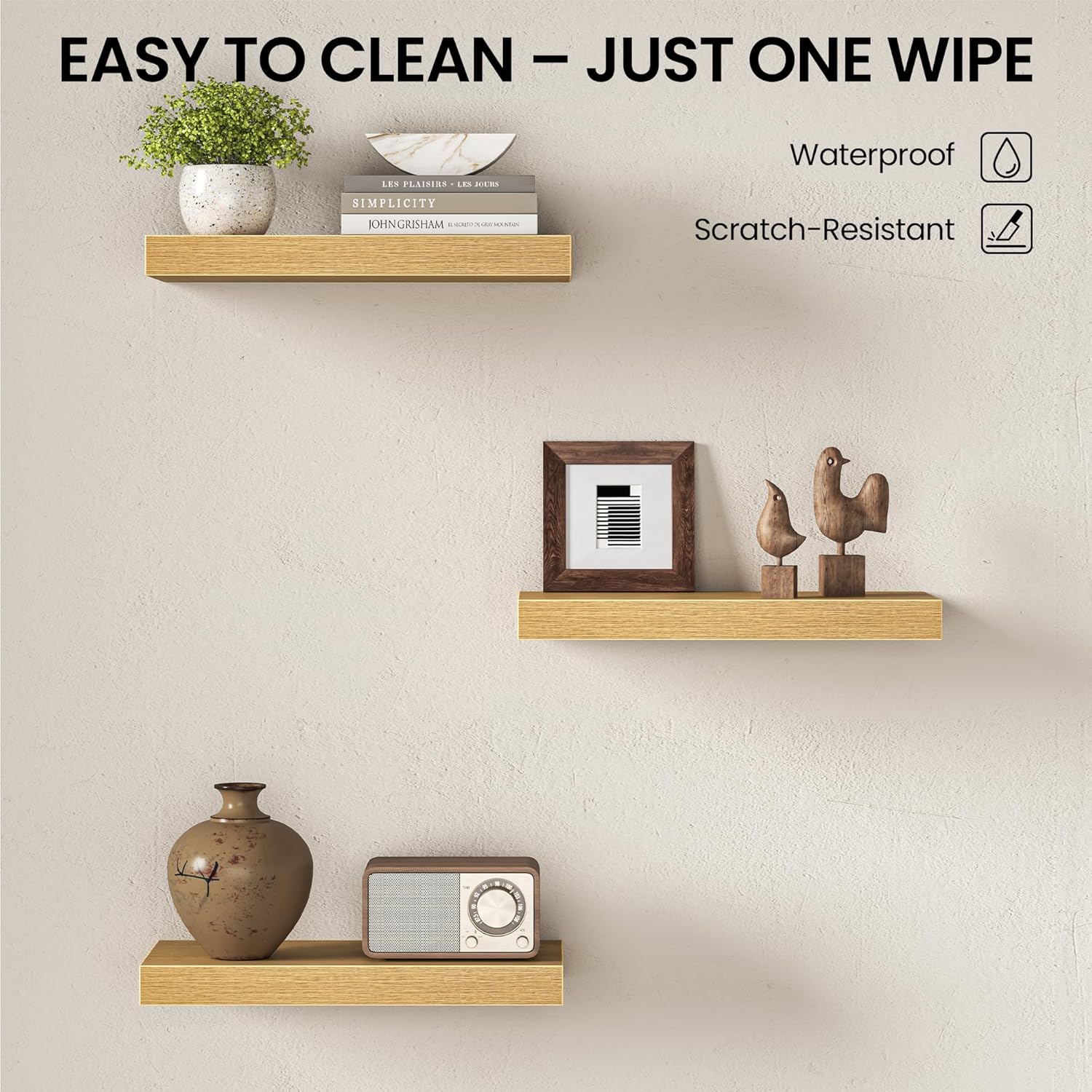 Fun Memories Floating Shelves for Wall 16 Inch, Set of 2 – Wall-Mounted Storage & Display Shelf with Invisible Bracket, Oak Floating Shelves for Living Room, Bedroom, Bathroom, Kitchen