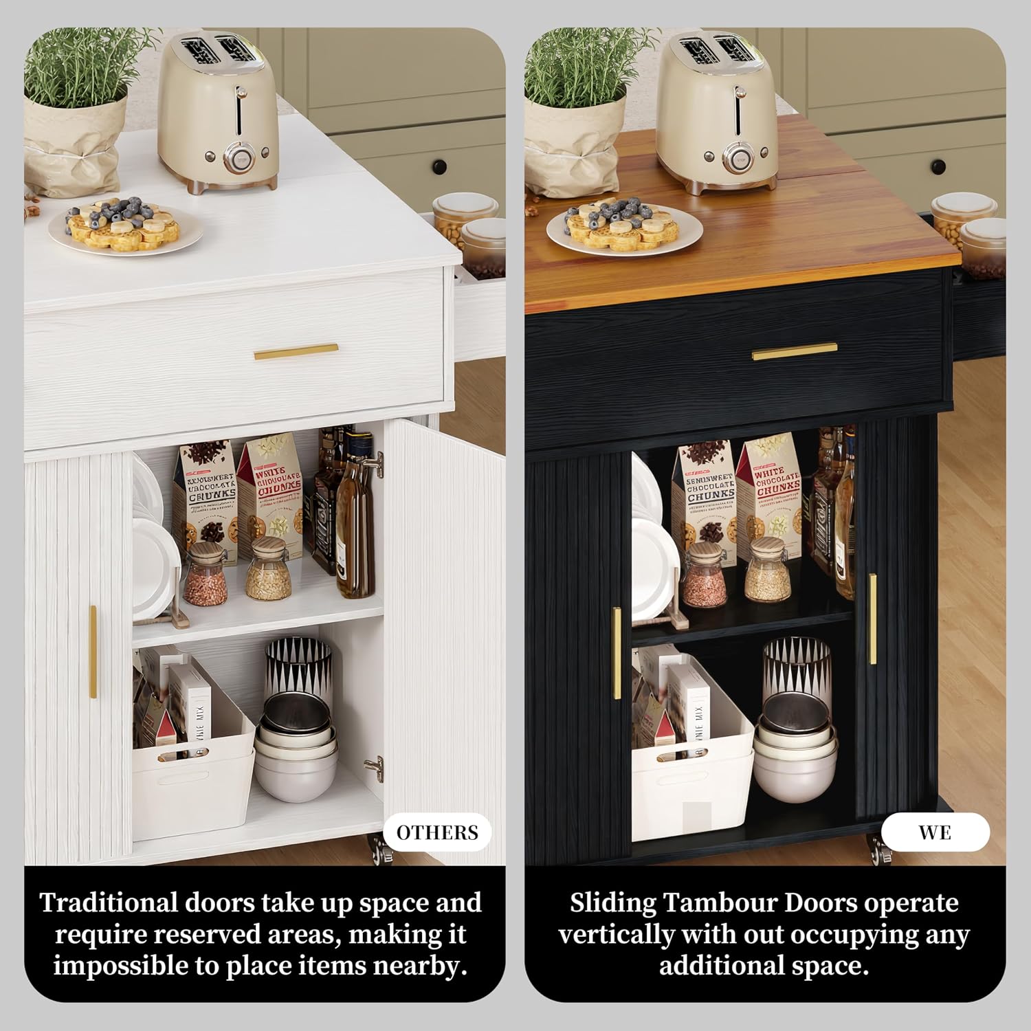 DHH Rolling Kitchen Island with Drop Leaf Countertop&Ample Storage - 39.4" Small Mobile Kitchen Cart On Wheels with Sliding Door,Drawers,Spice Rack & 2-Tier Storage(Black)