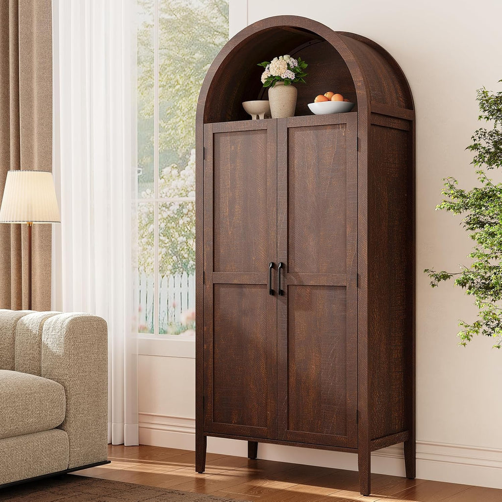 ONBRILL 71" Tall Arched Kitchen Pantry, Storage Cabinet Pantry with 2 Pull-Out Shelves, 6 Door Shelves, Organizer, Freestanding Morden Versatile Cupboard for Kitchen, Dining Room (Brown)