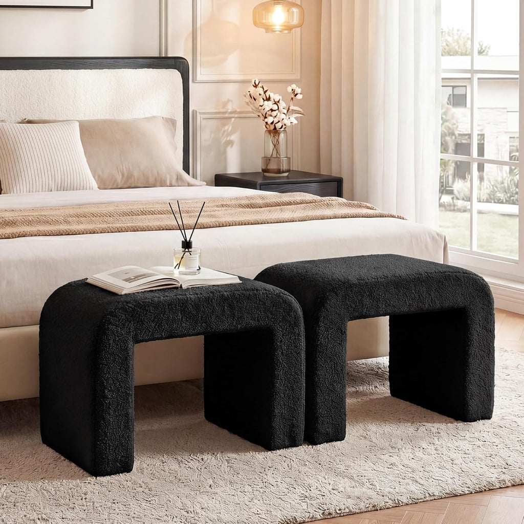 Tribesigns Modern Vanity Stool, Sherpa Upholstered Foot Stool Ottoman, Large Foot Rest for Couch, Shoe Bench for Entryway, Extra Seating for Living Room, Bedroom, Dressing Room, No Assembly, Black