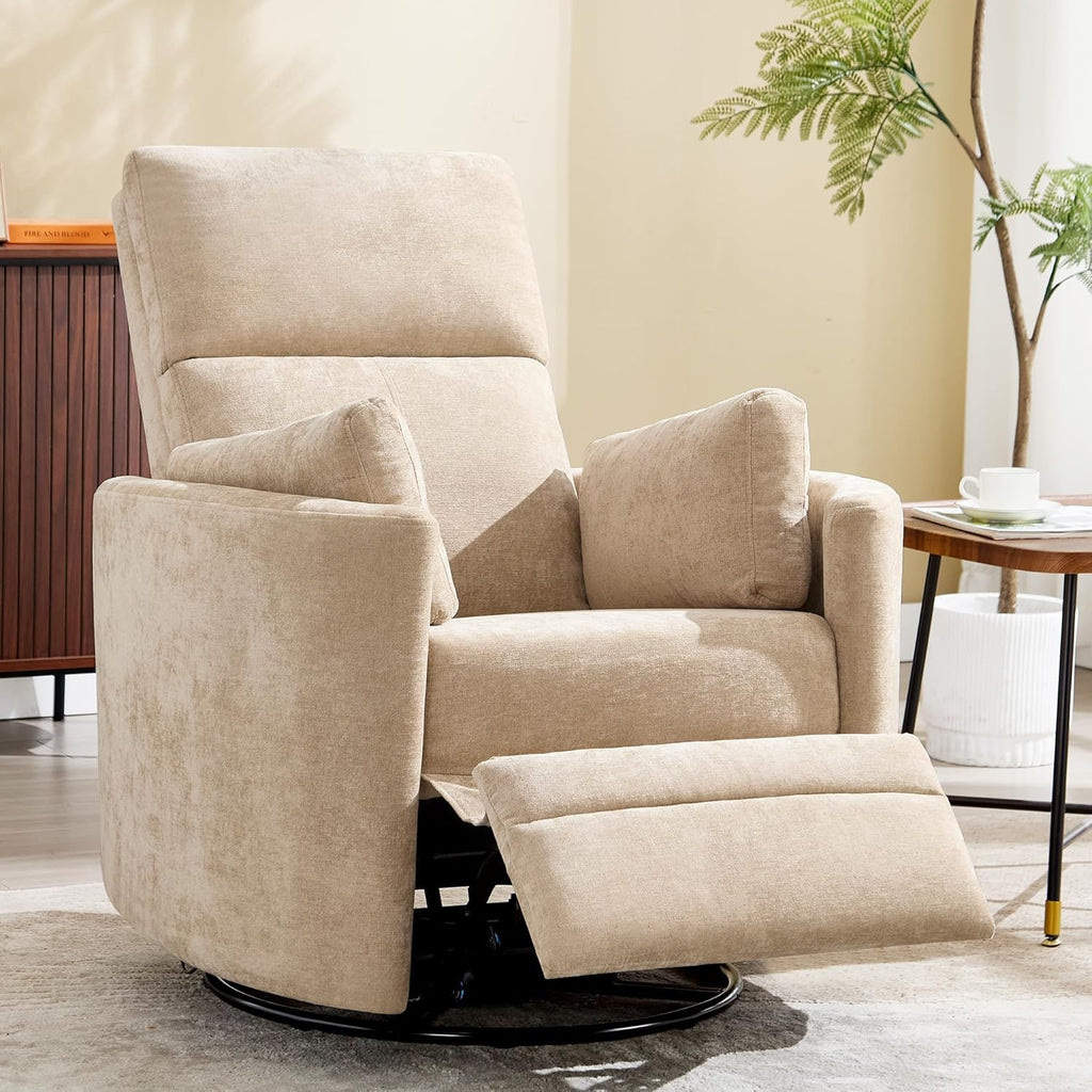 Manual Recliner 360°Swivel Rocking Glider Chair,Upholstered Nursery Adult Recliner Rocker Glider Chair with 2 Pillows for Living Room Bedroom Apartment(Khaki,Manual Operation)